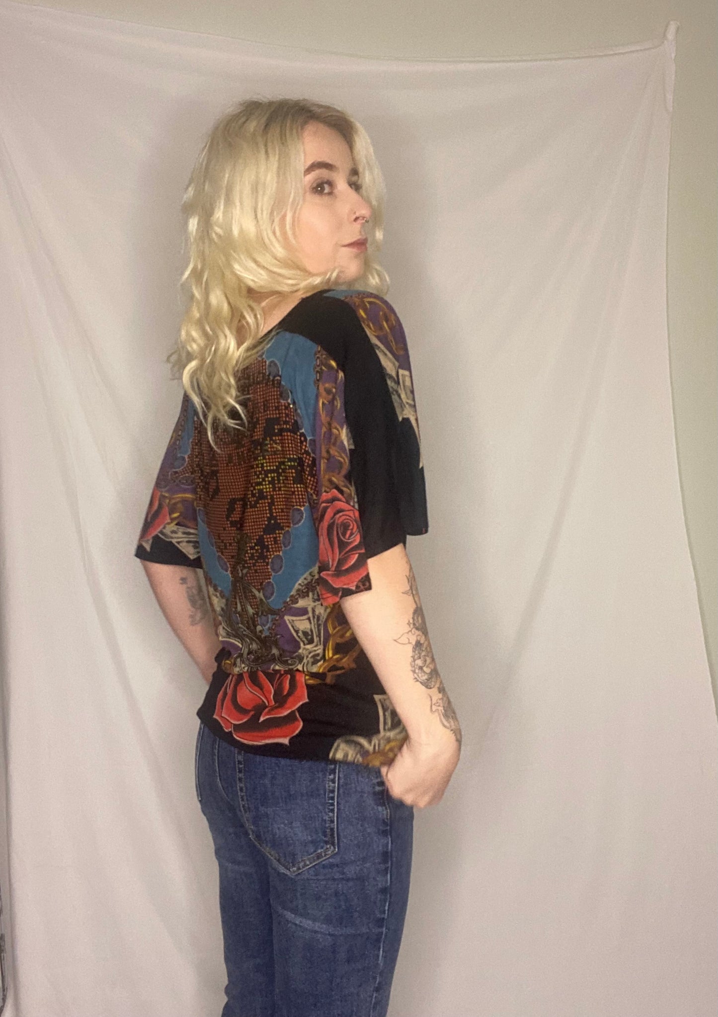 Insane Y2K Christian Audigier graphic rose print top