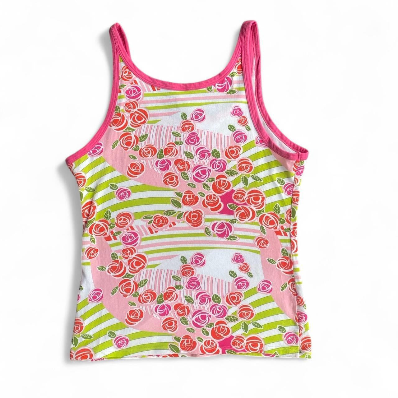 Y2K Pink and green tank top with rose print