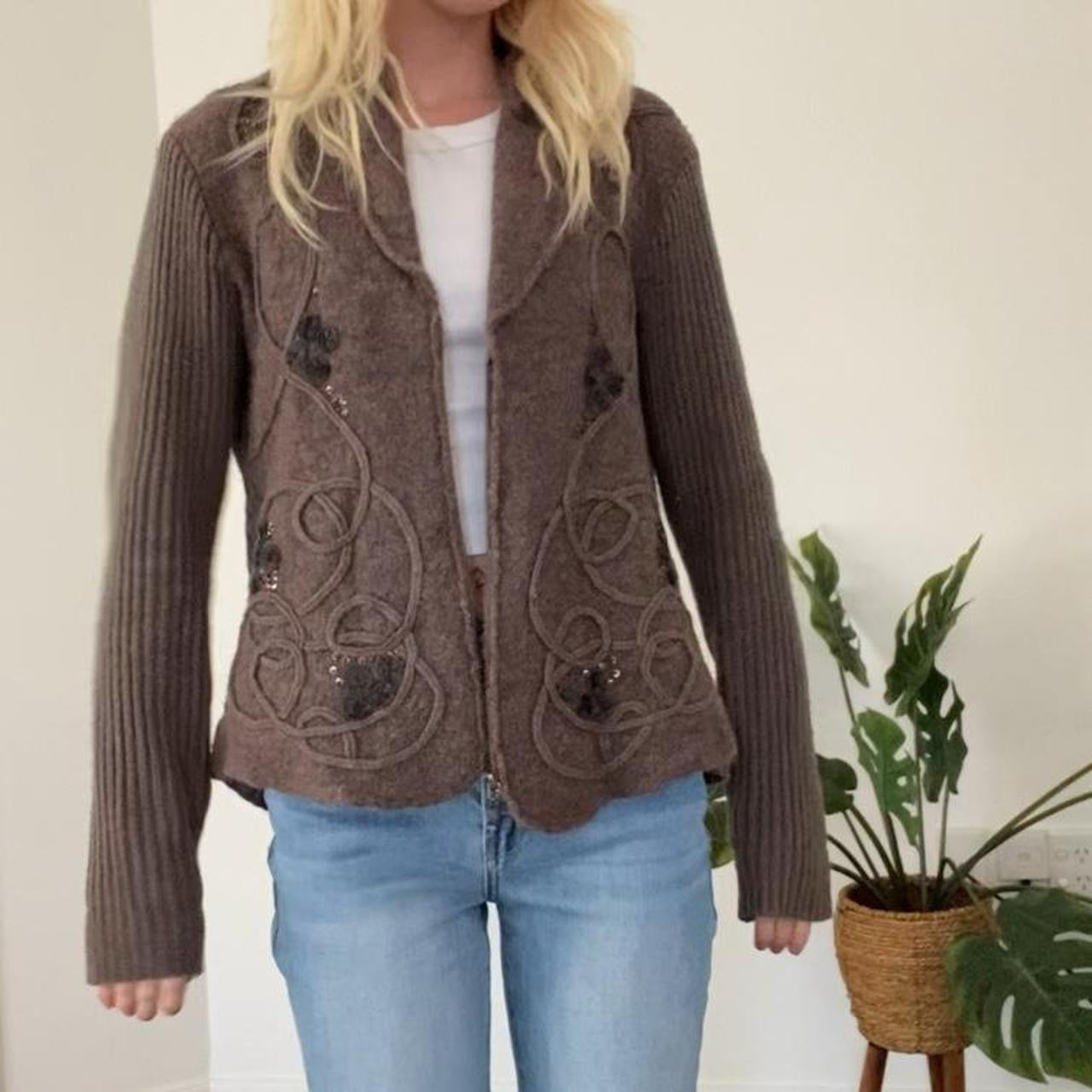 Brown felt/knit zip up Cardi