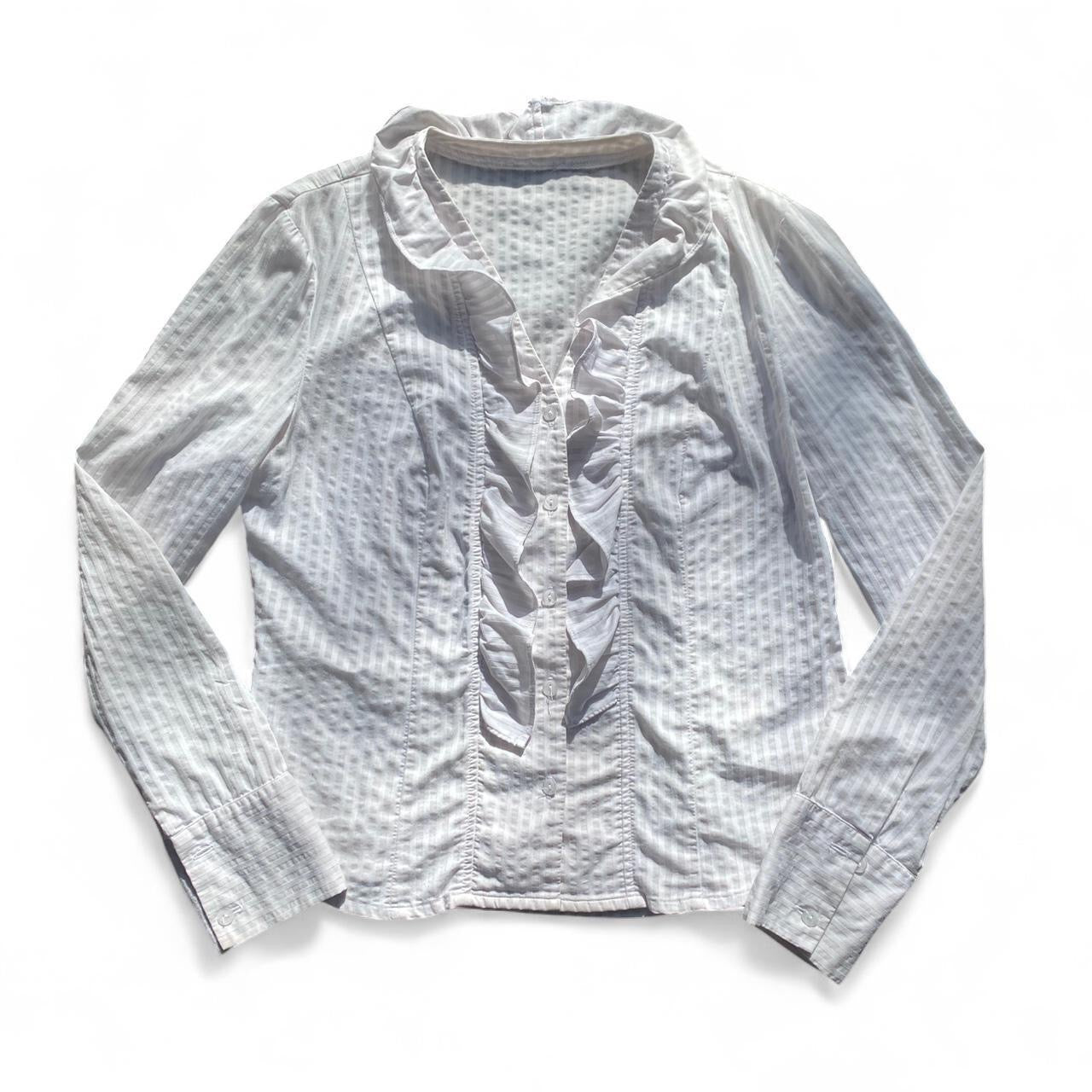 Cute vintage pinstripe cream and white ruffle blouse