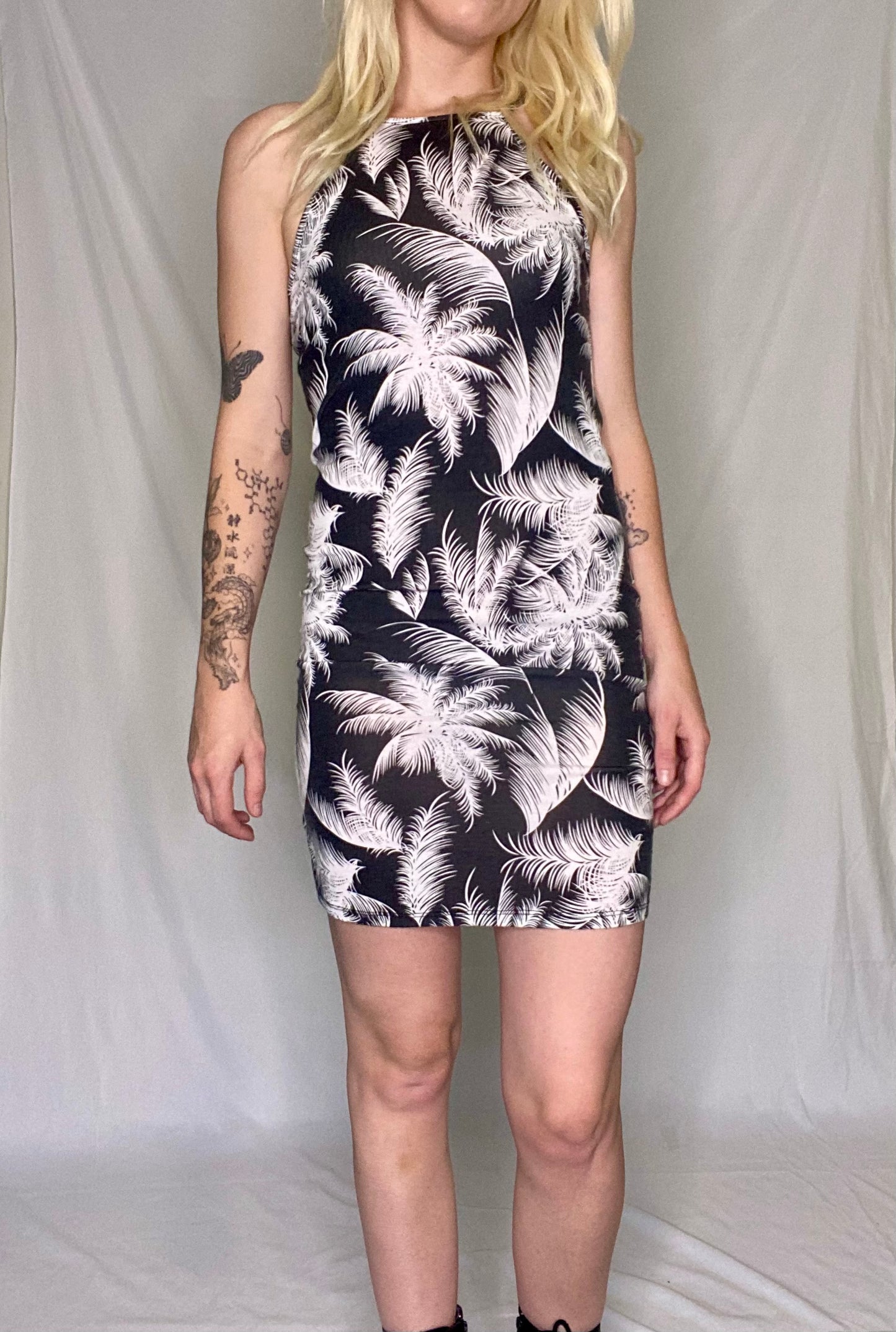 Cute Black and white palm tree print mini bodycon dress