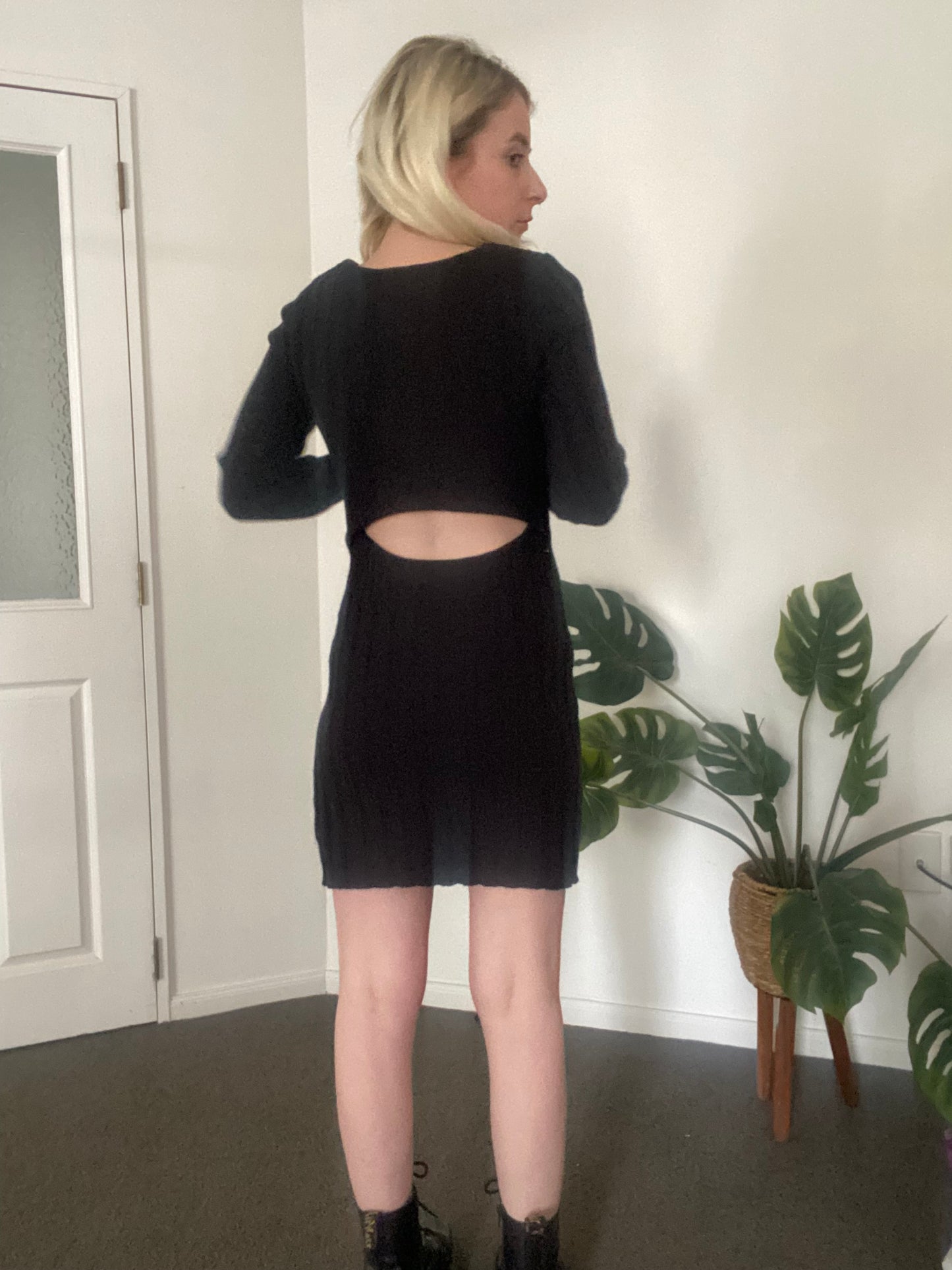 Black long sleeve ribbed knit dress