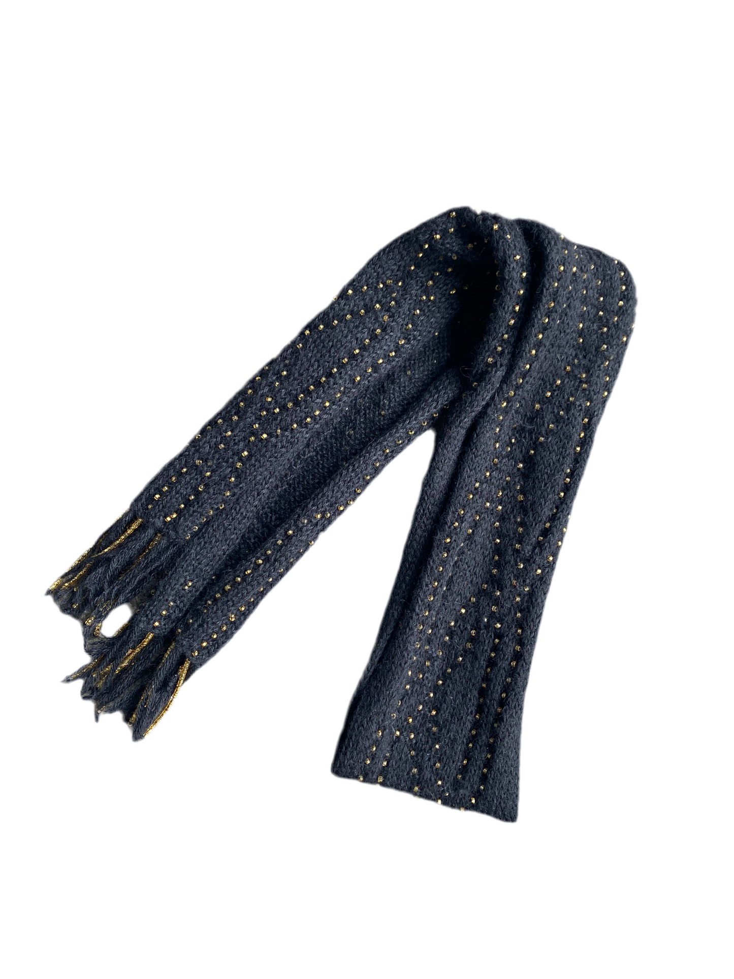 Y2K Black and gold beaded fringe knit scarf!