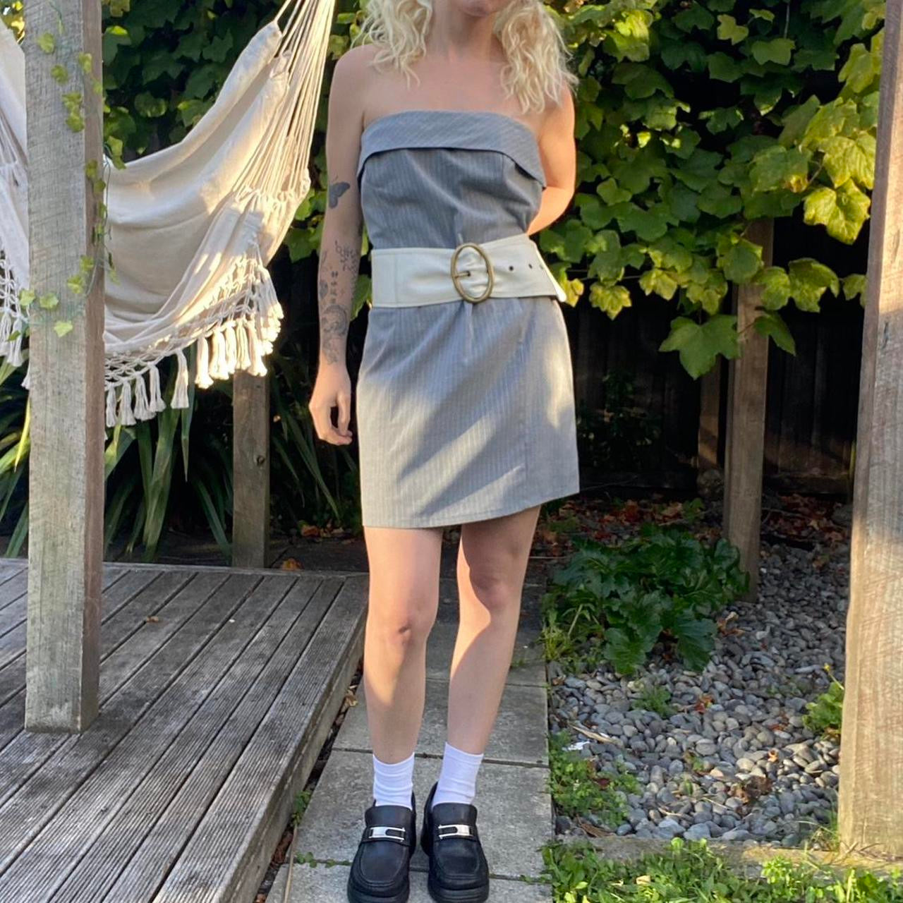 Grey and White pinstripe strapless mini dress