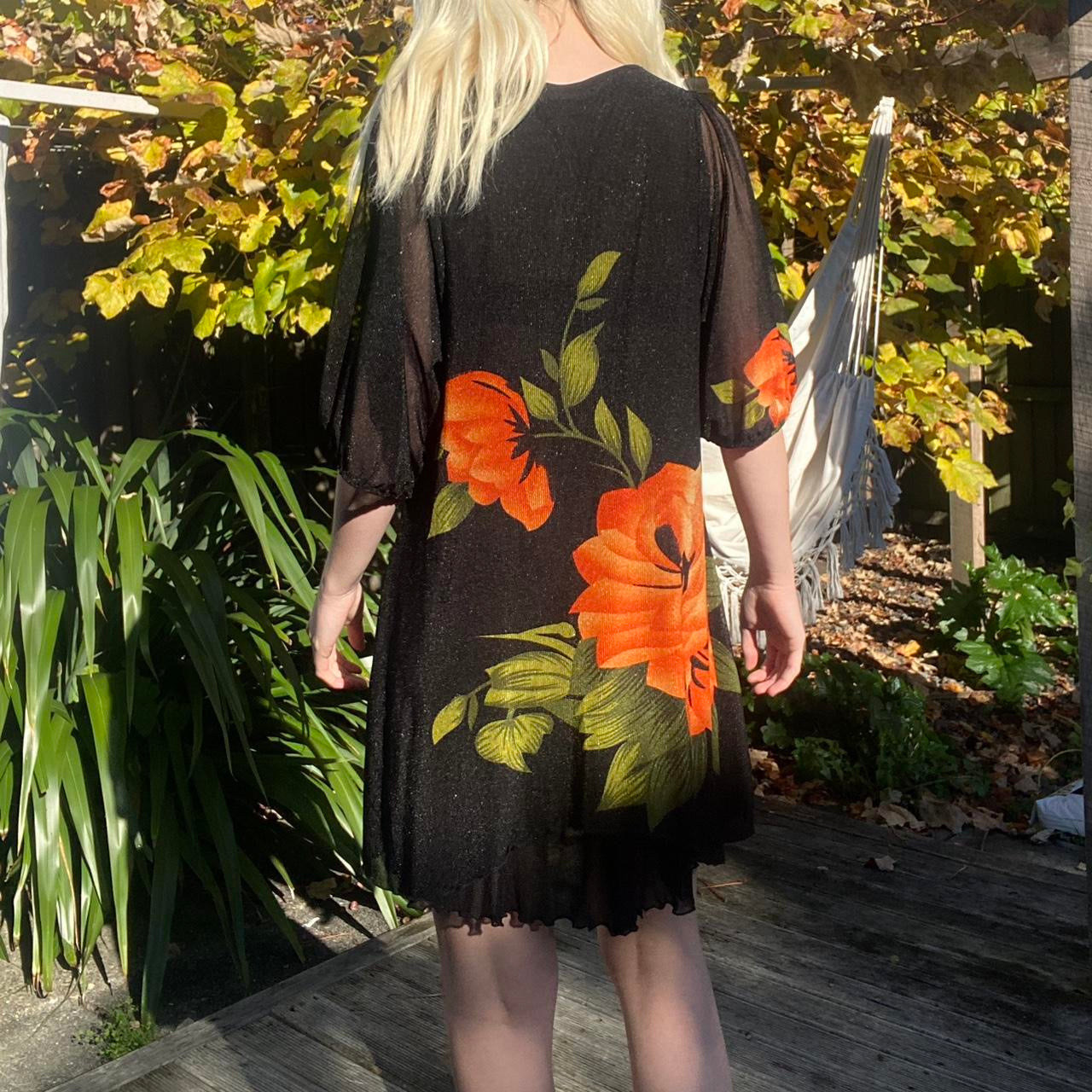 00s mesh Black mini dress with orange floral print