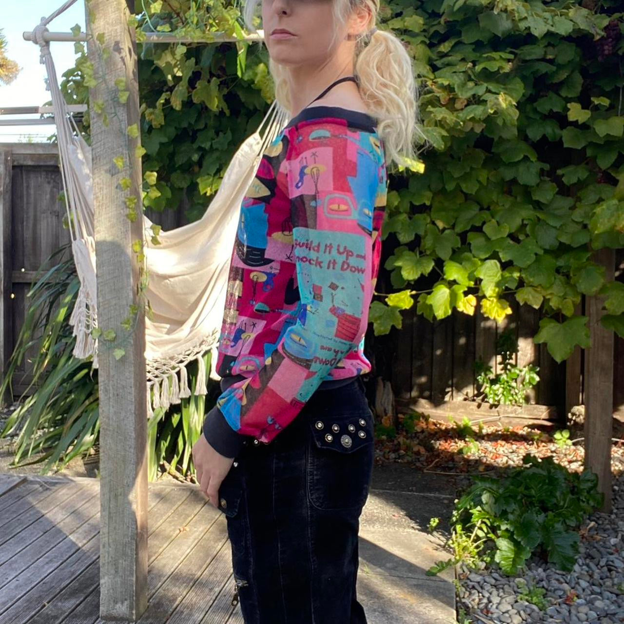 Vintage off the shoulder 90s print mesh layered top
