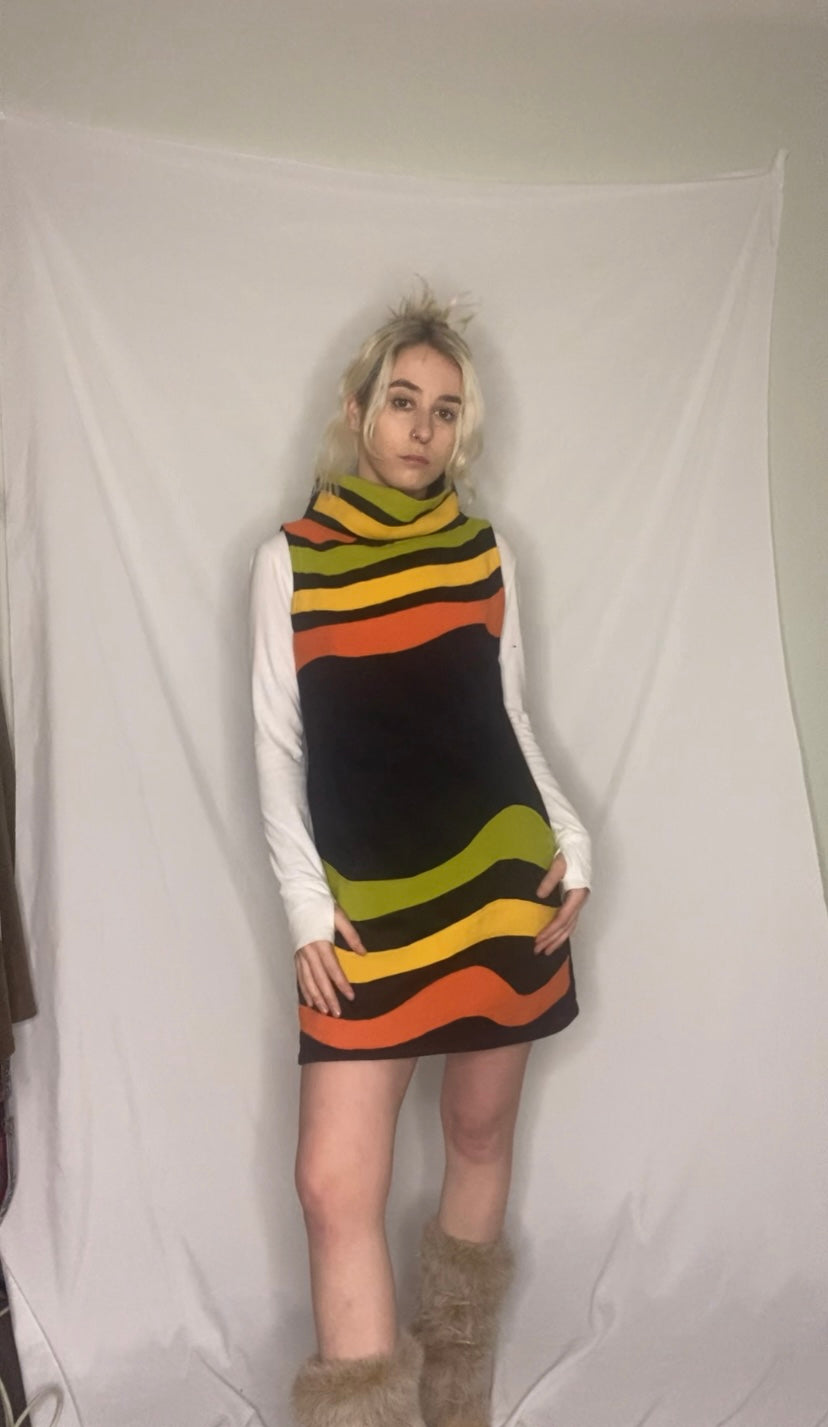 Vintage 60s/70s style Multi-coloured striped fleece dress