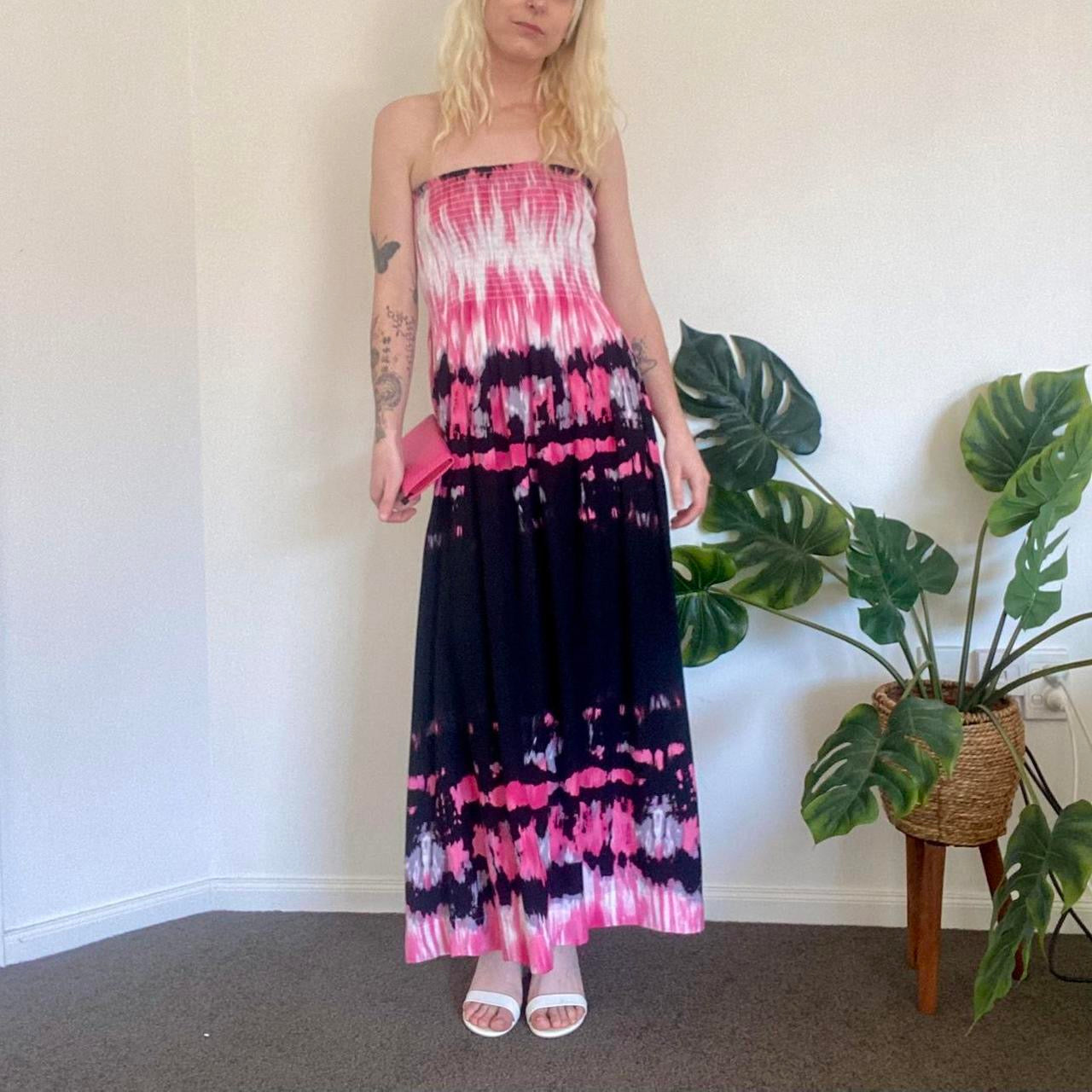 Y2K Pink and black tie dye strapless maxi dress