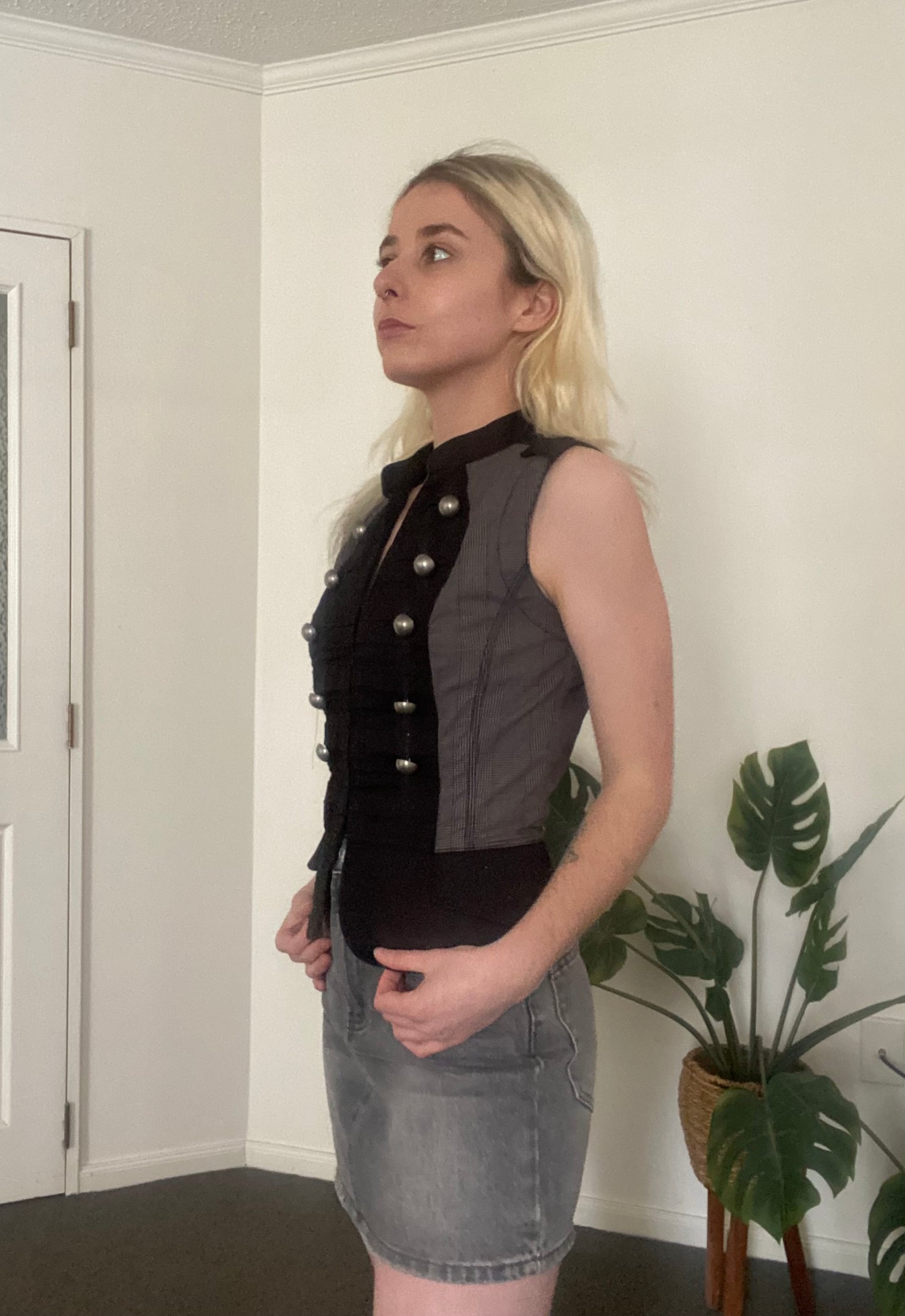 Y2K tailored black and plaid vest with cool gold buttons