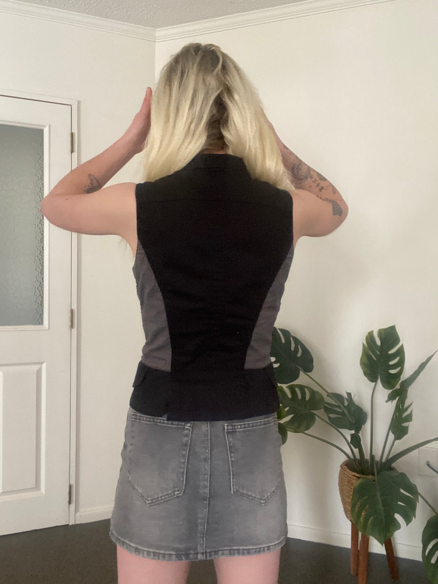 Y2K tailored black and plaid vest with cool gold buttons