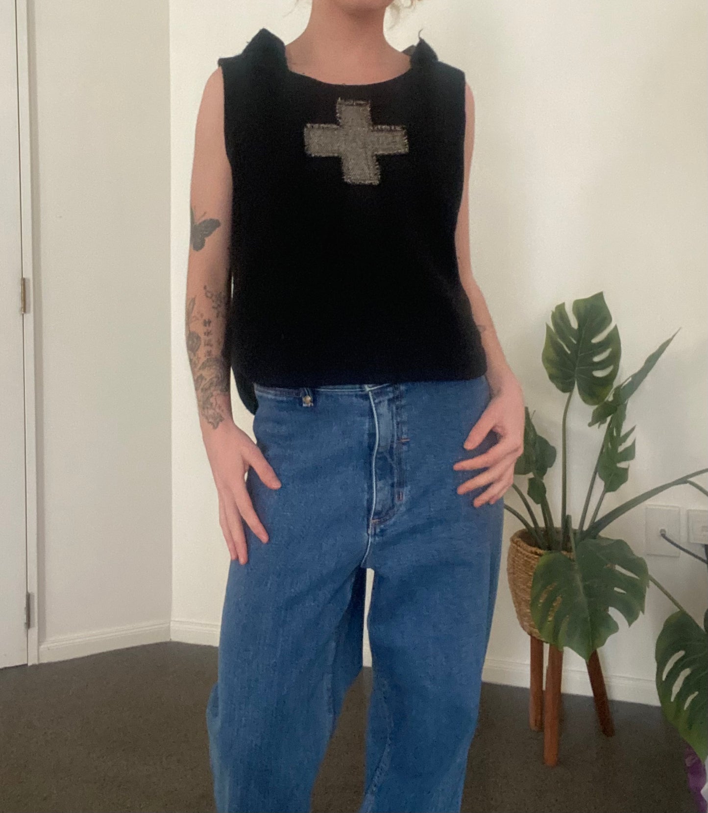 Black knit cropped Cross hoodie top