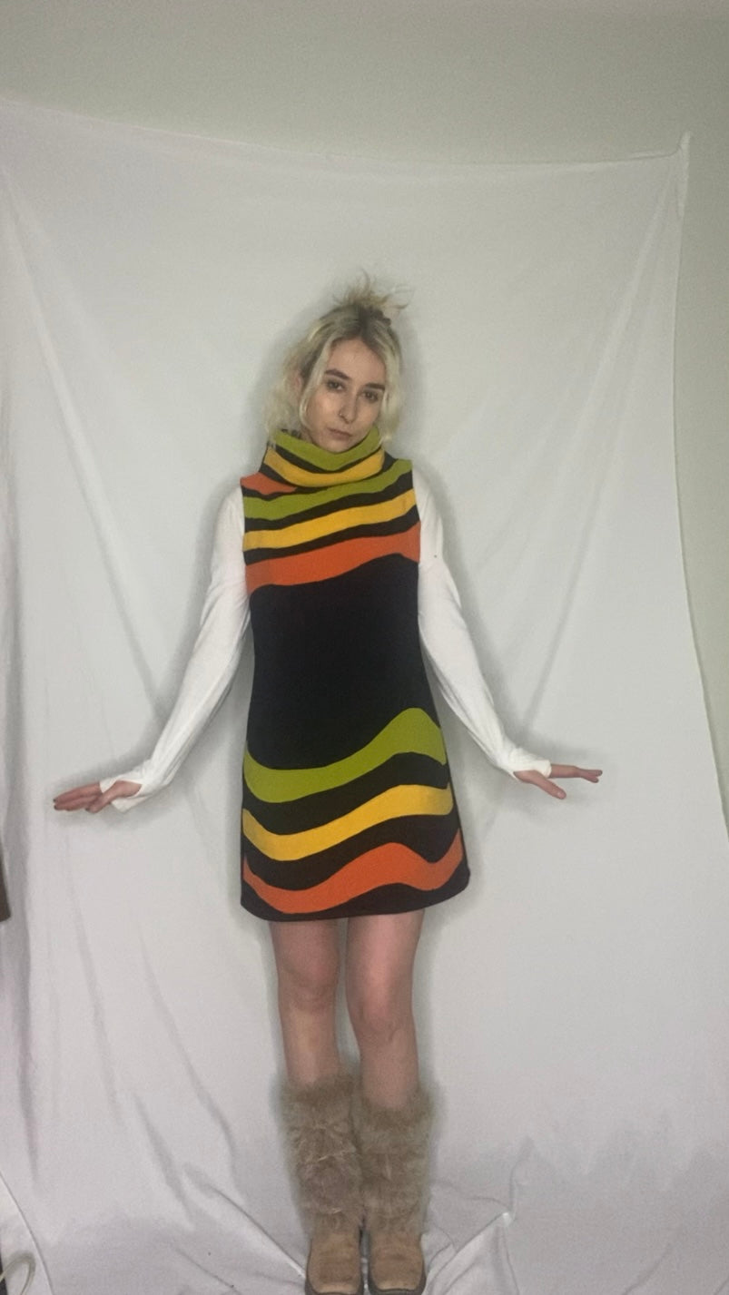 Vintage 60s/70s style Multi-coloured striped fleece dress