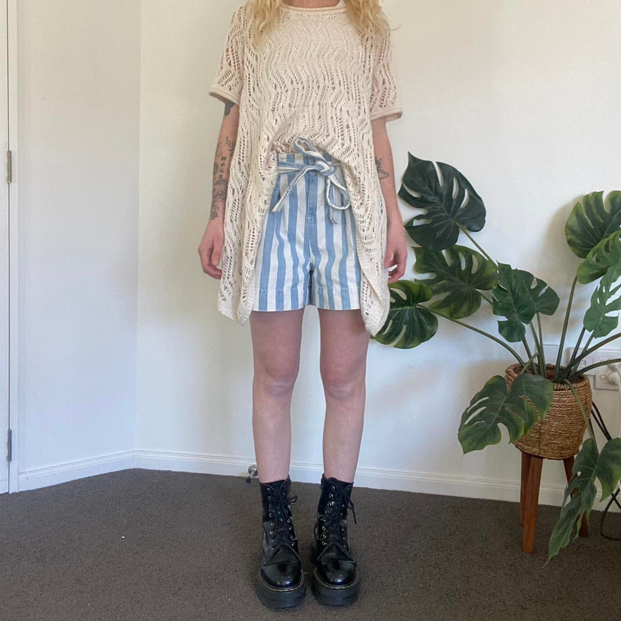Huffer high-waisted Blue and white striped denim shorts with cute tie up waist