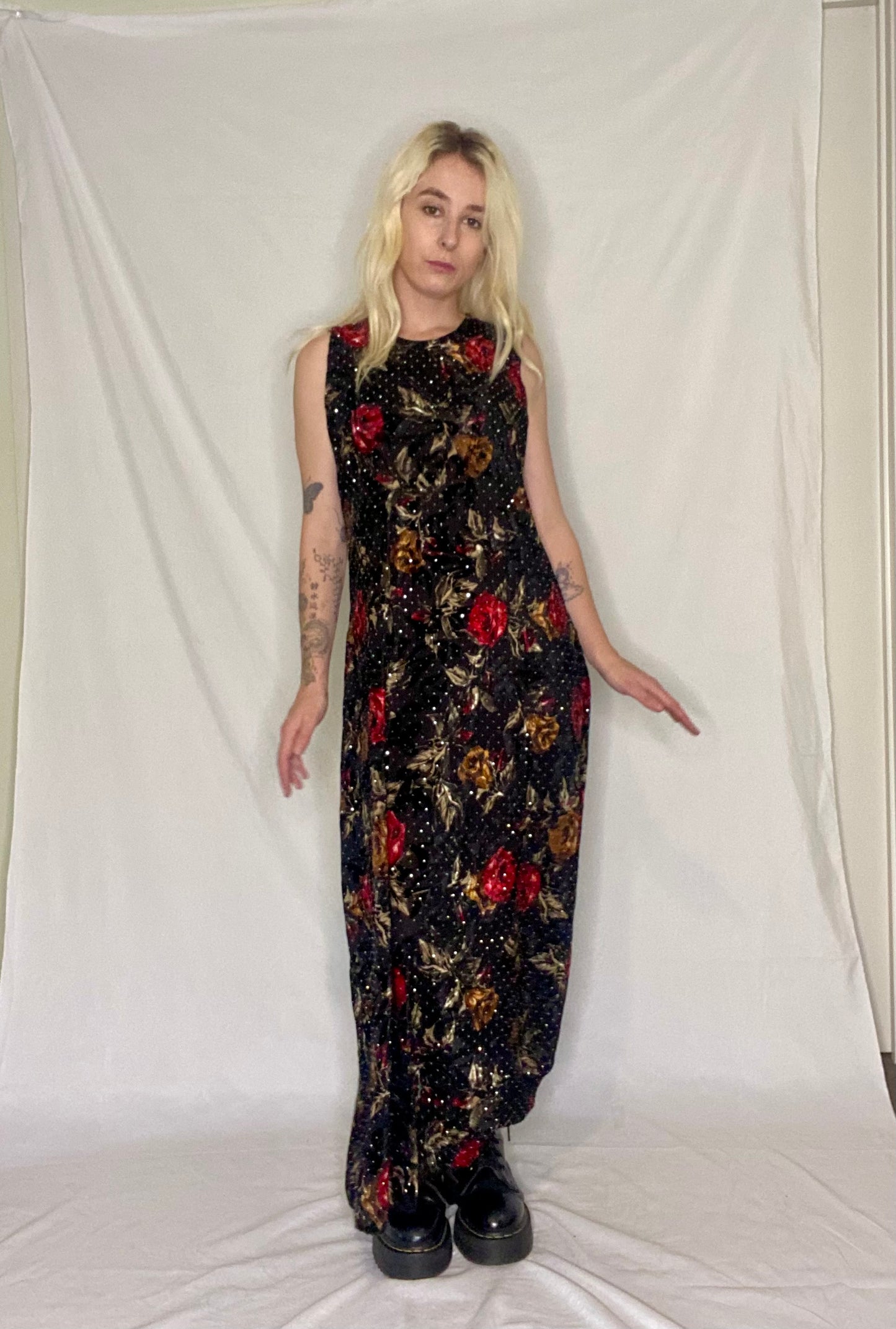 Stunning 90s Black floral sequin maxi dress