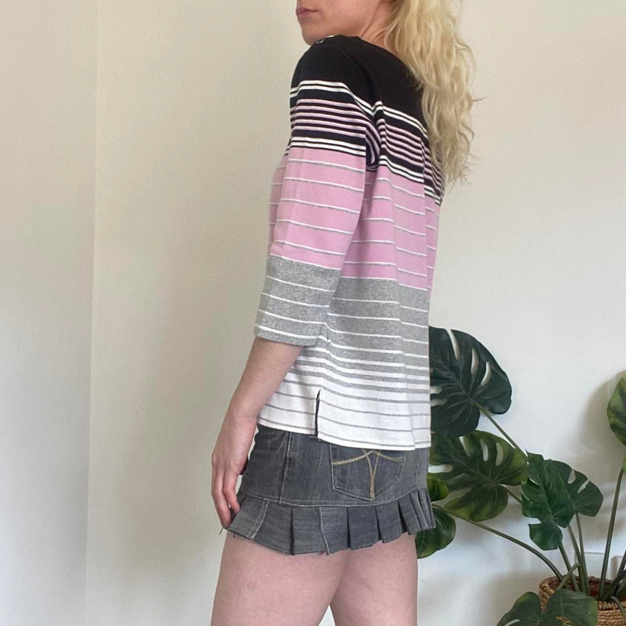 Cute pink, grey and black striped 3/4 sleeve top