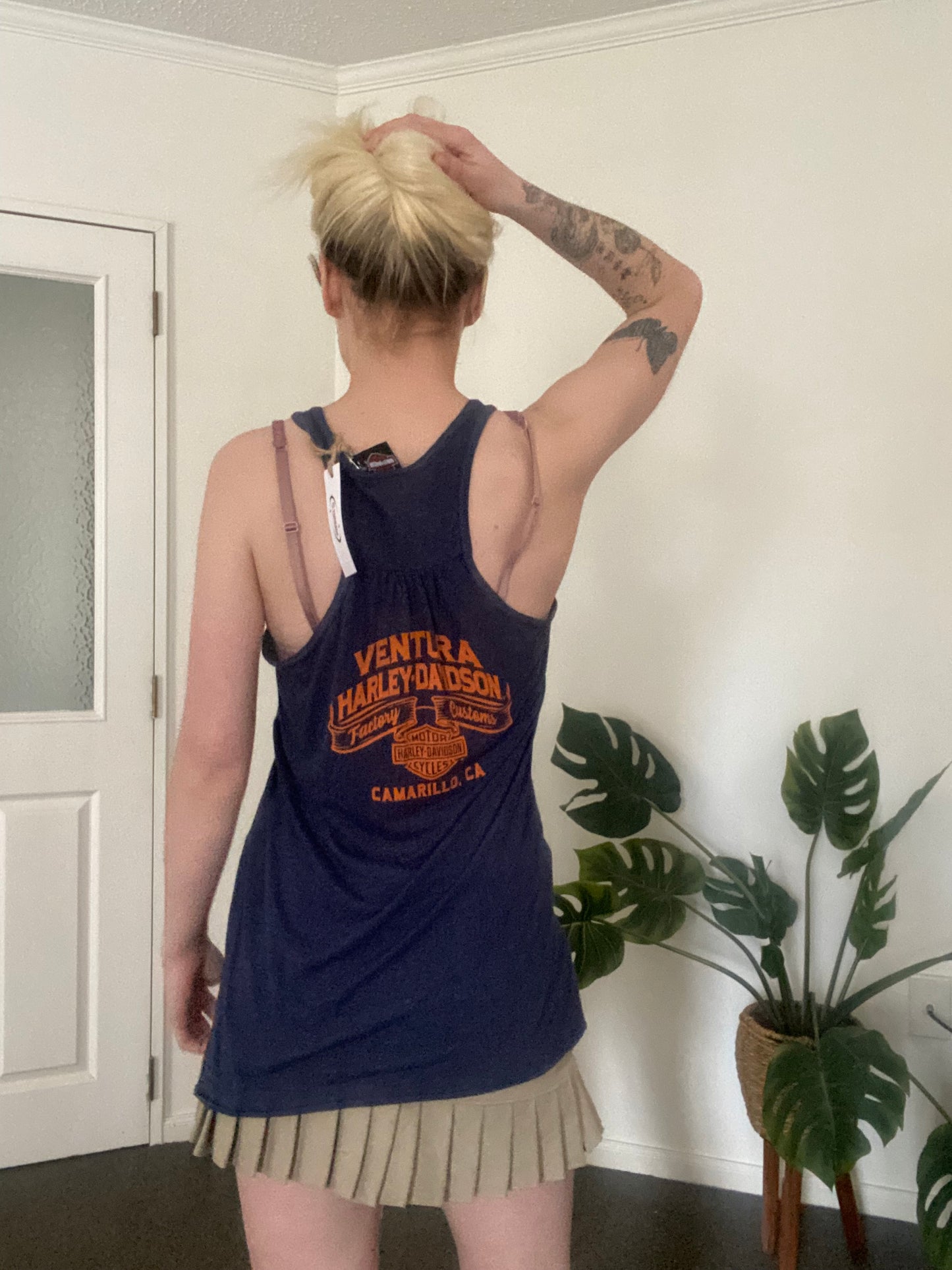 Y2K Harley Davidson navy and orange tank top