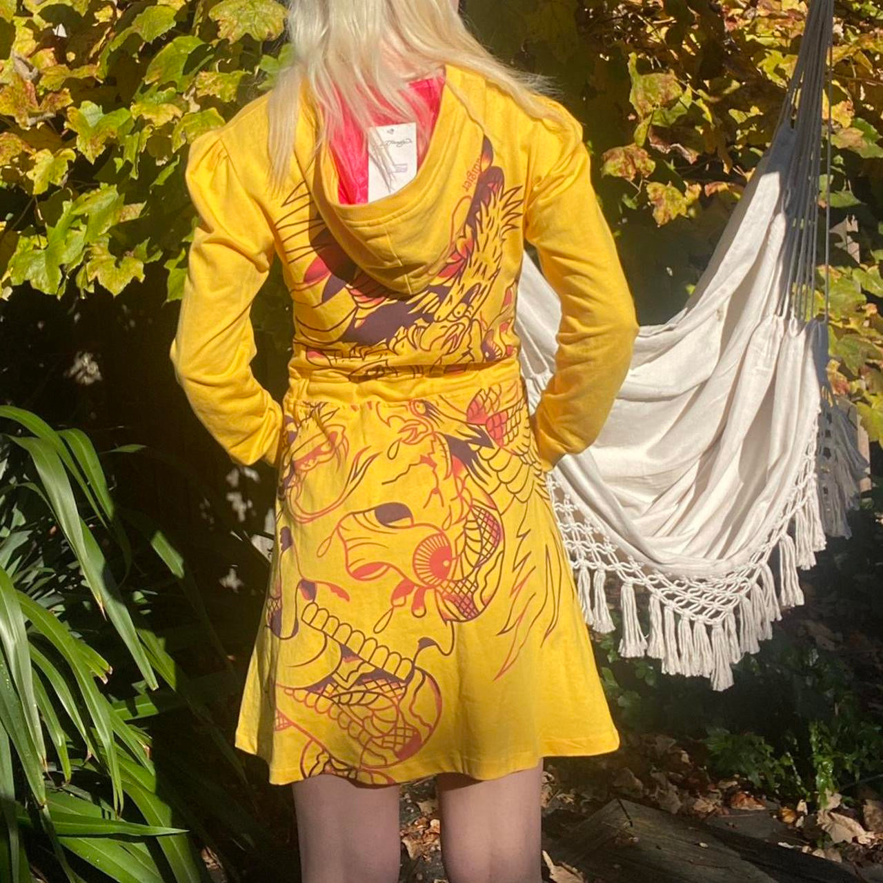 Y2K Ed Hardy iconic yellow tattoo hooded mini dress