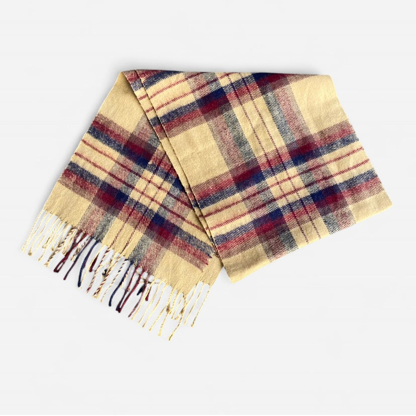 lightweight yellow plaid scarf with fringe