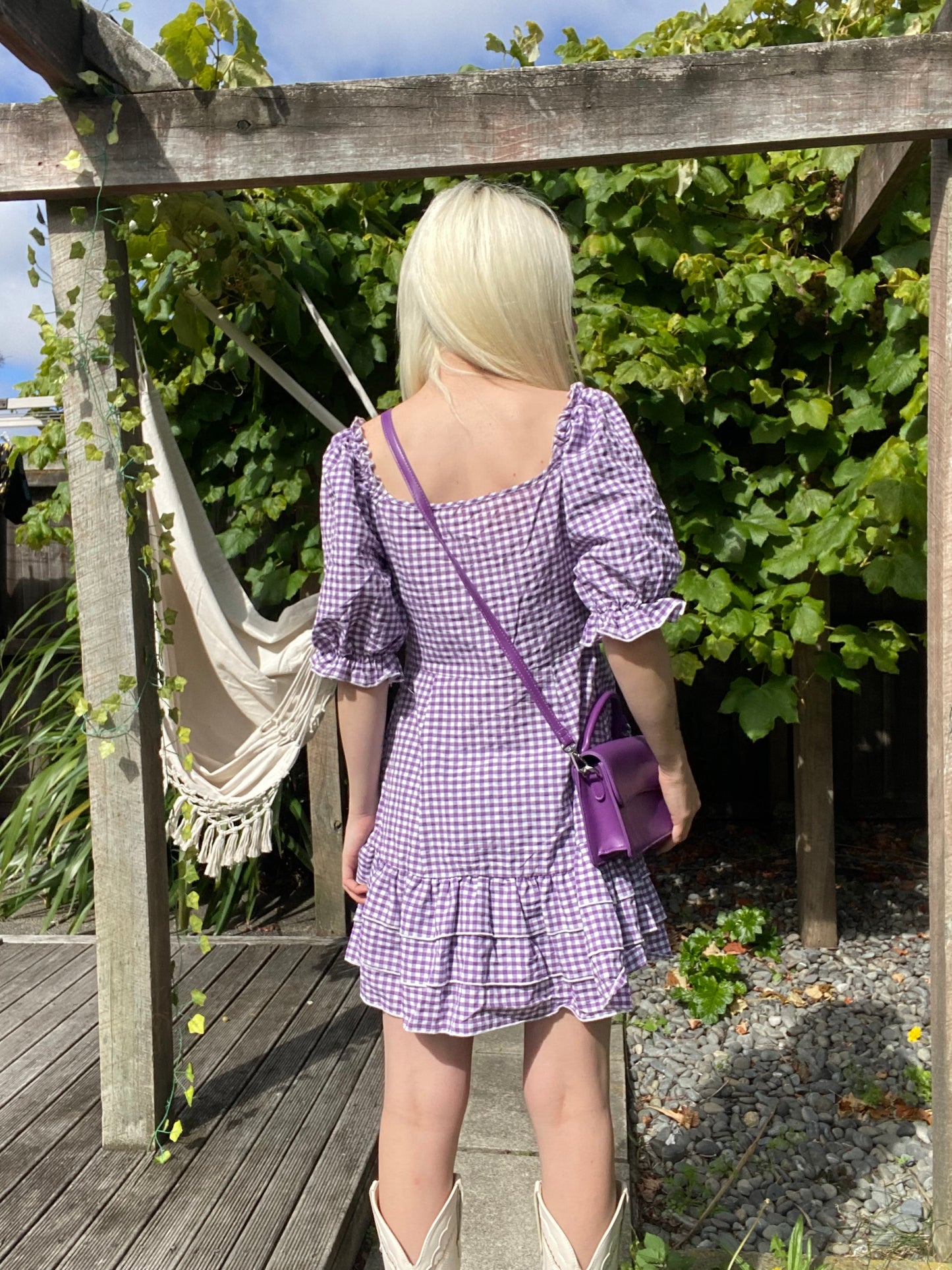 The cutest Purple and white gingham dress