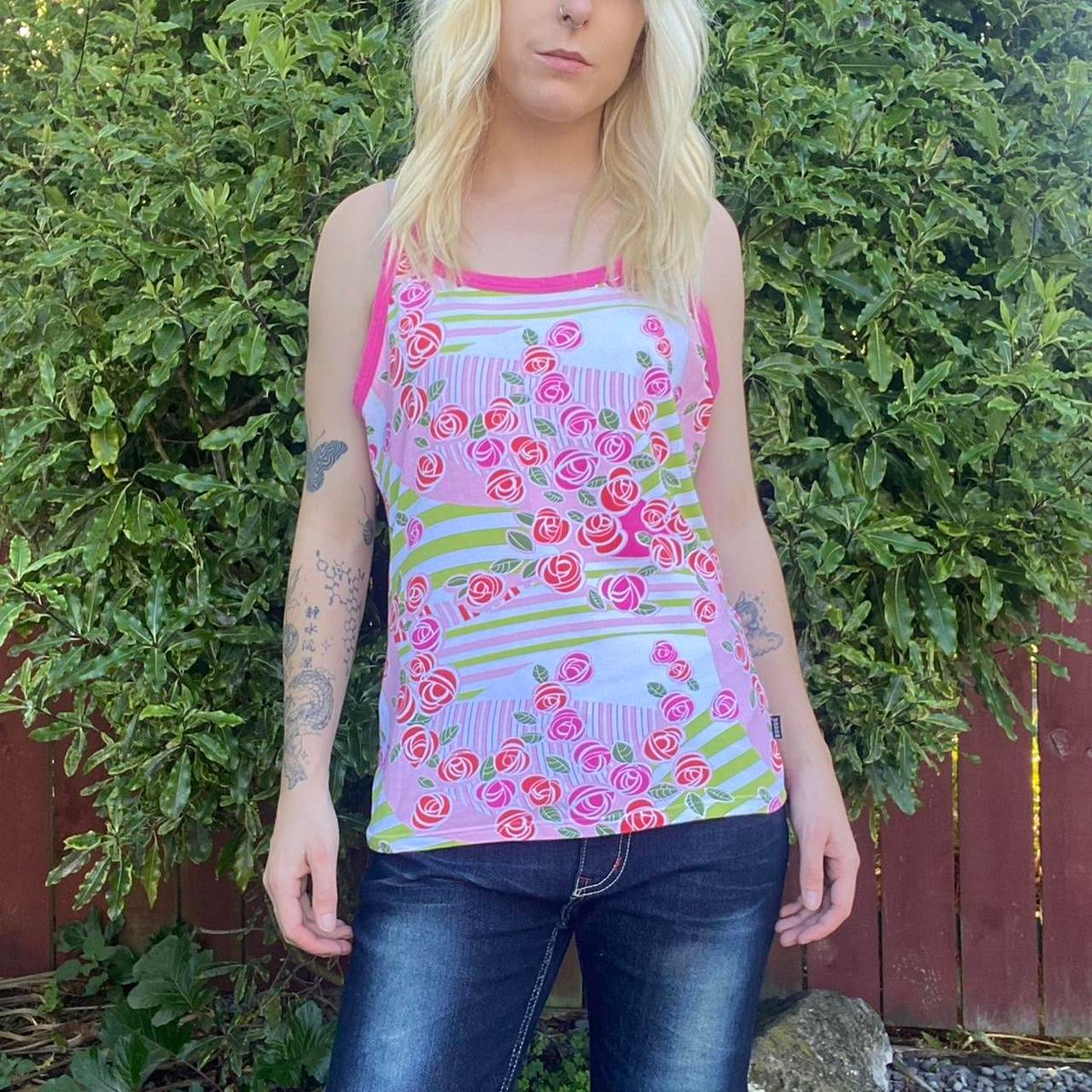 Y2K Pink and green tank top with rose print