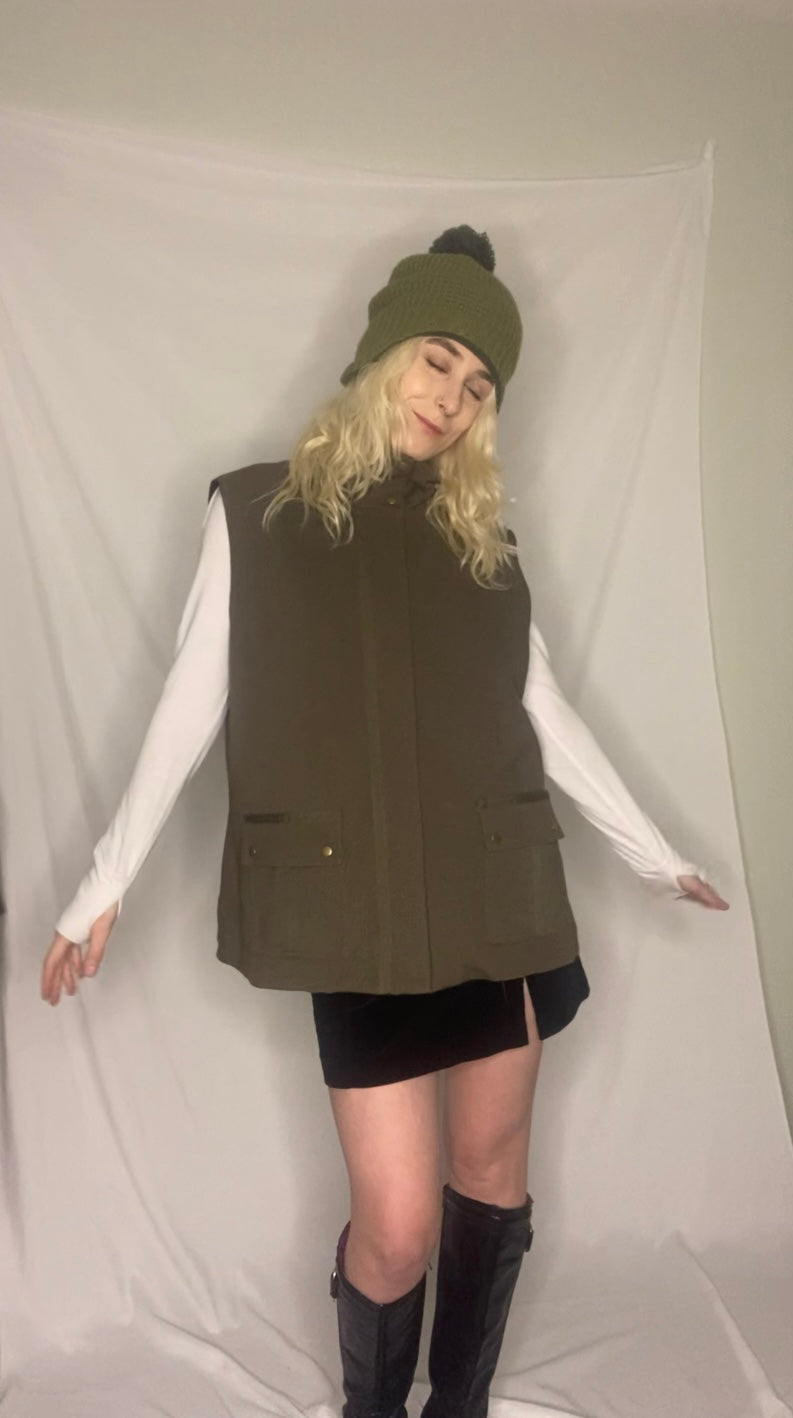 Khaki green vintage army girl zip up vest with pockets