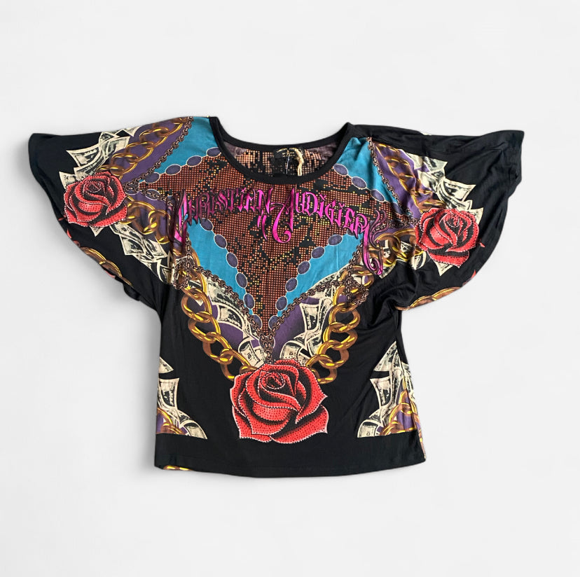 Insane Y2K Christian Audigier graphic rose print top