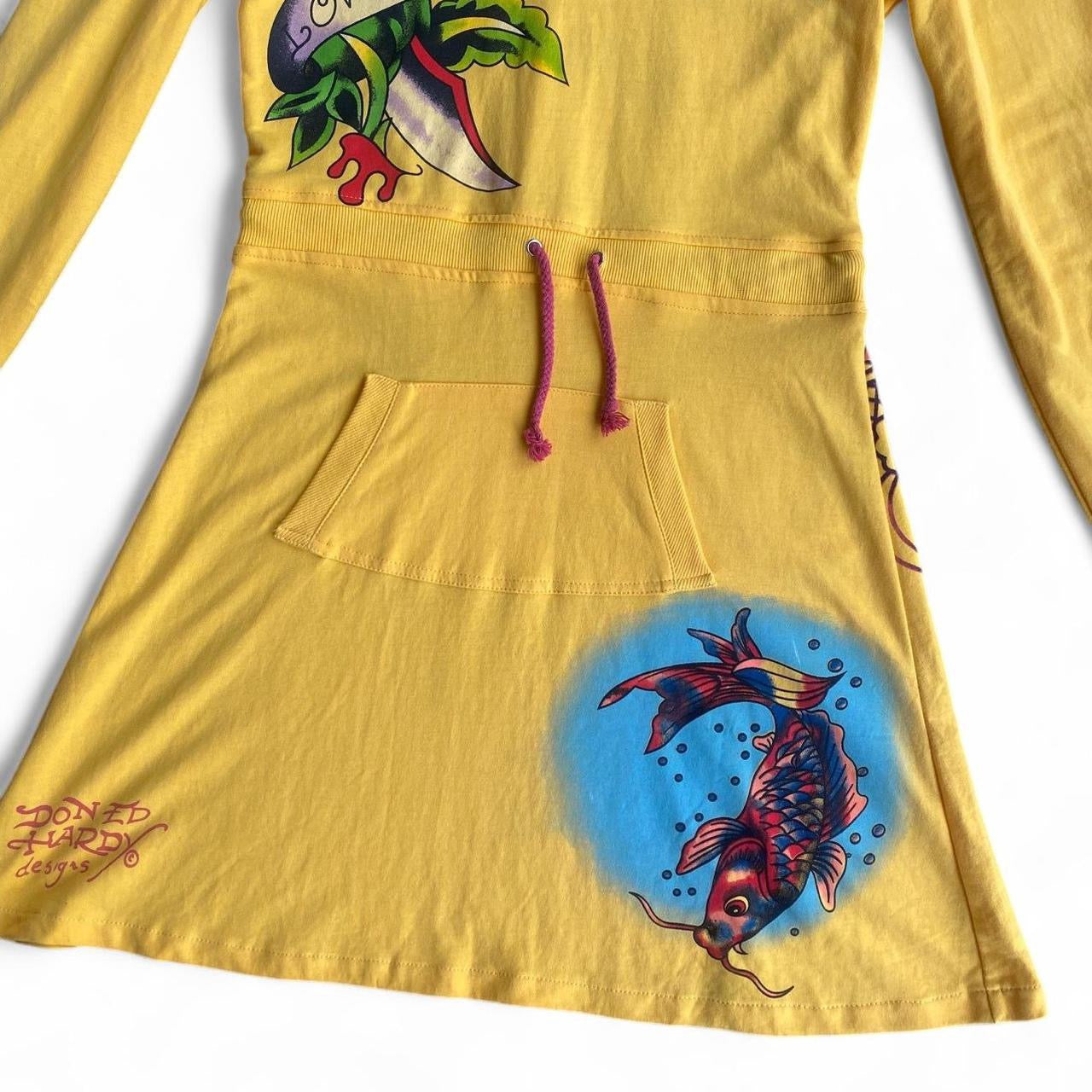 Y2K Ed Hardy iconic yellow tattoo hooded mini dress