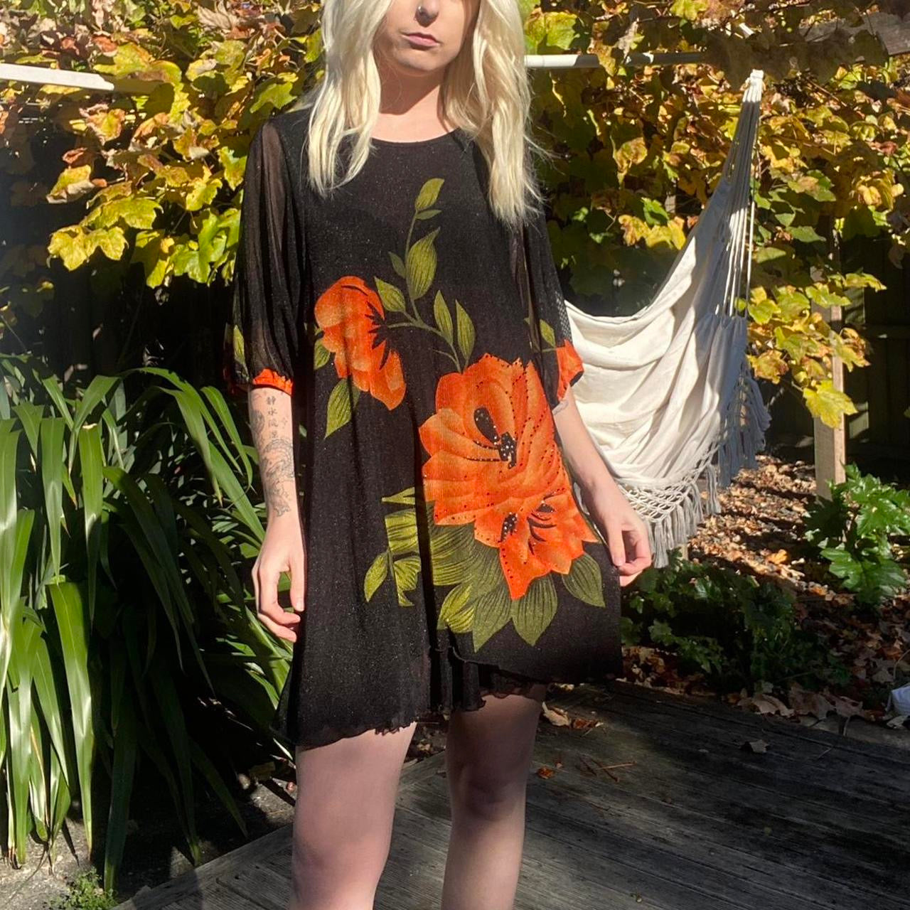 00s mesh Black mini dress with orange floral print