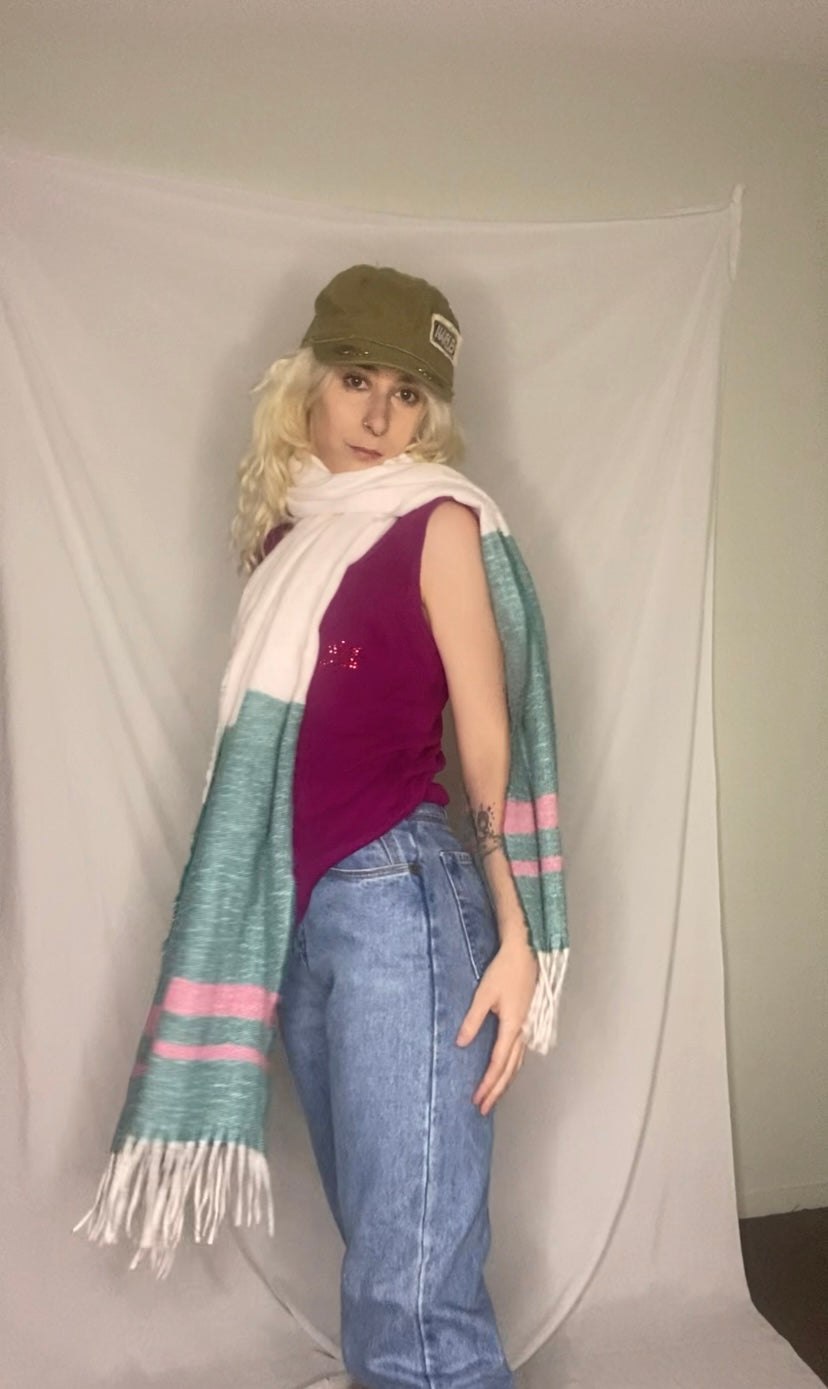 Soft green and pink striped chunky scarf!
