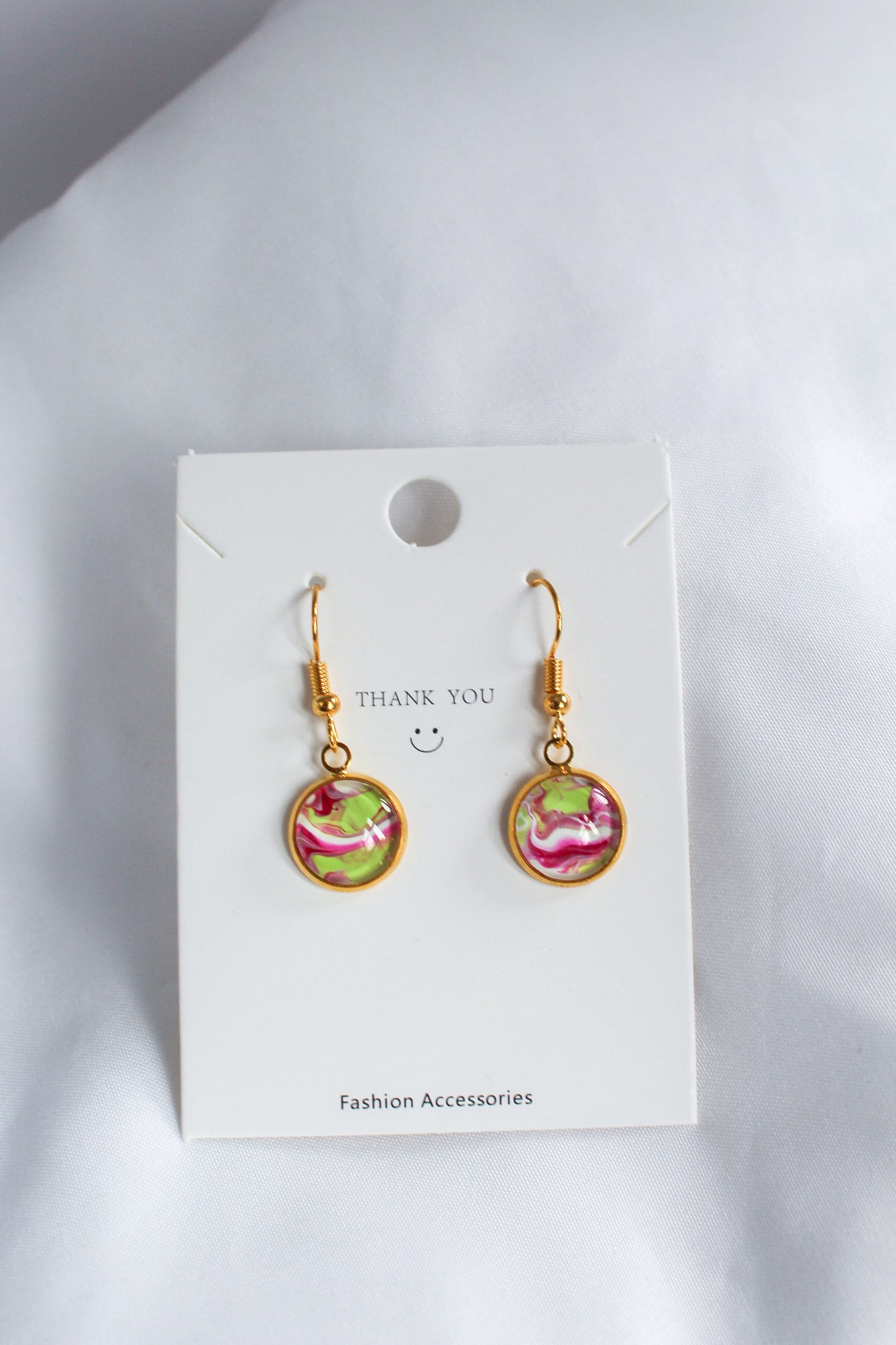 Pink, Green & Gold Circle Pendant Earrings