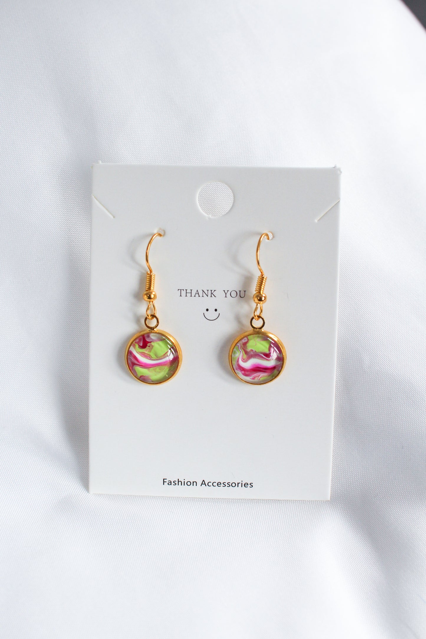 Pink, Green & Gold Circle Pendant Earrings
