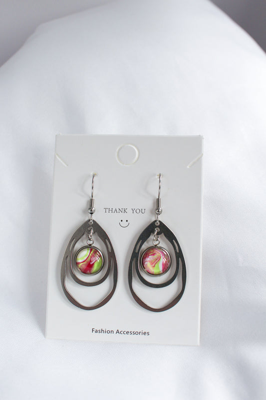 Pink + Green Circle Pendant Earrings