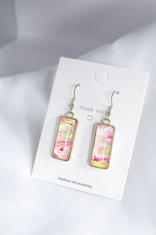 Pink & Green Rectangle Pendant Silver Earrings