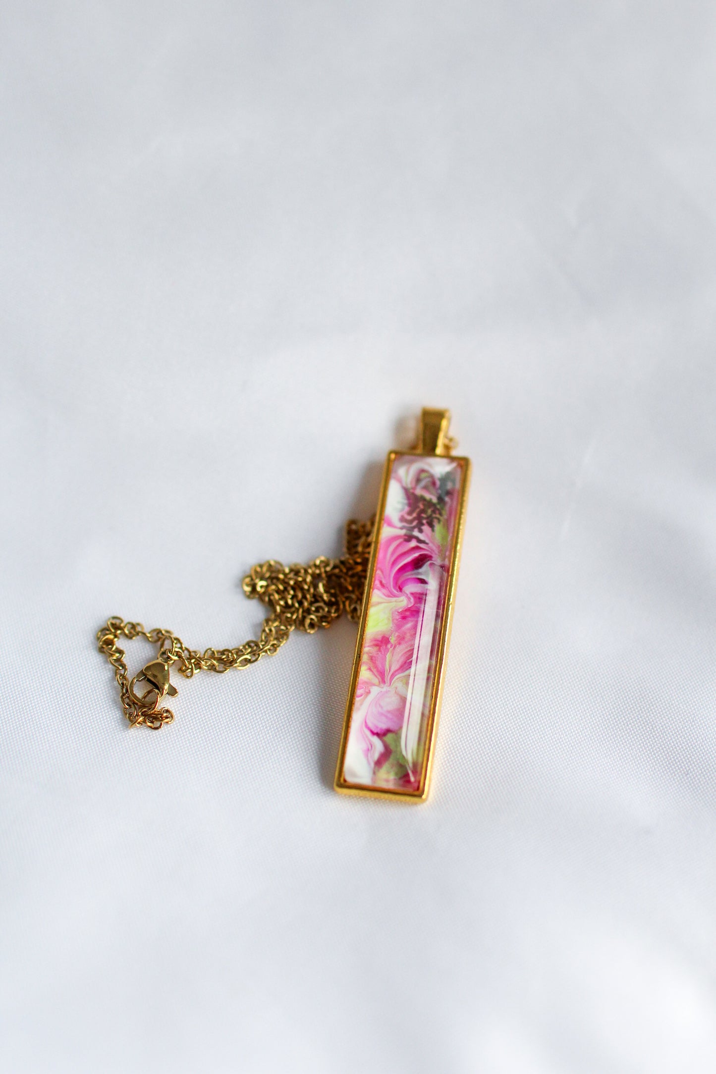 Pink, Green + Gold Rectangle Pendant Necklace