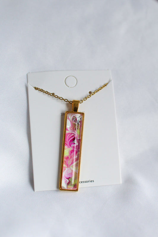 Pink, Green + Gold Rectangle Pendant Necklace