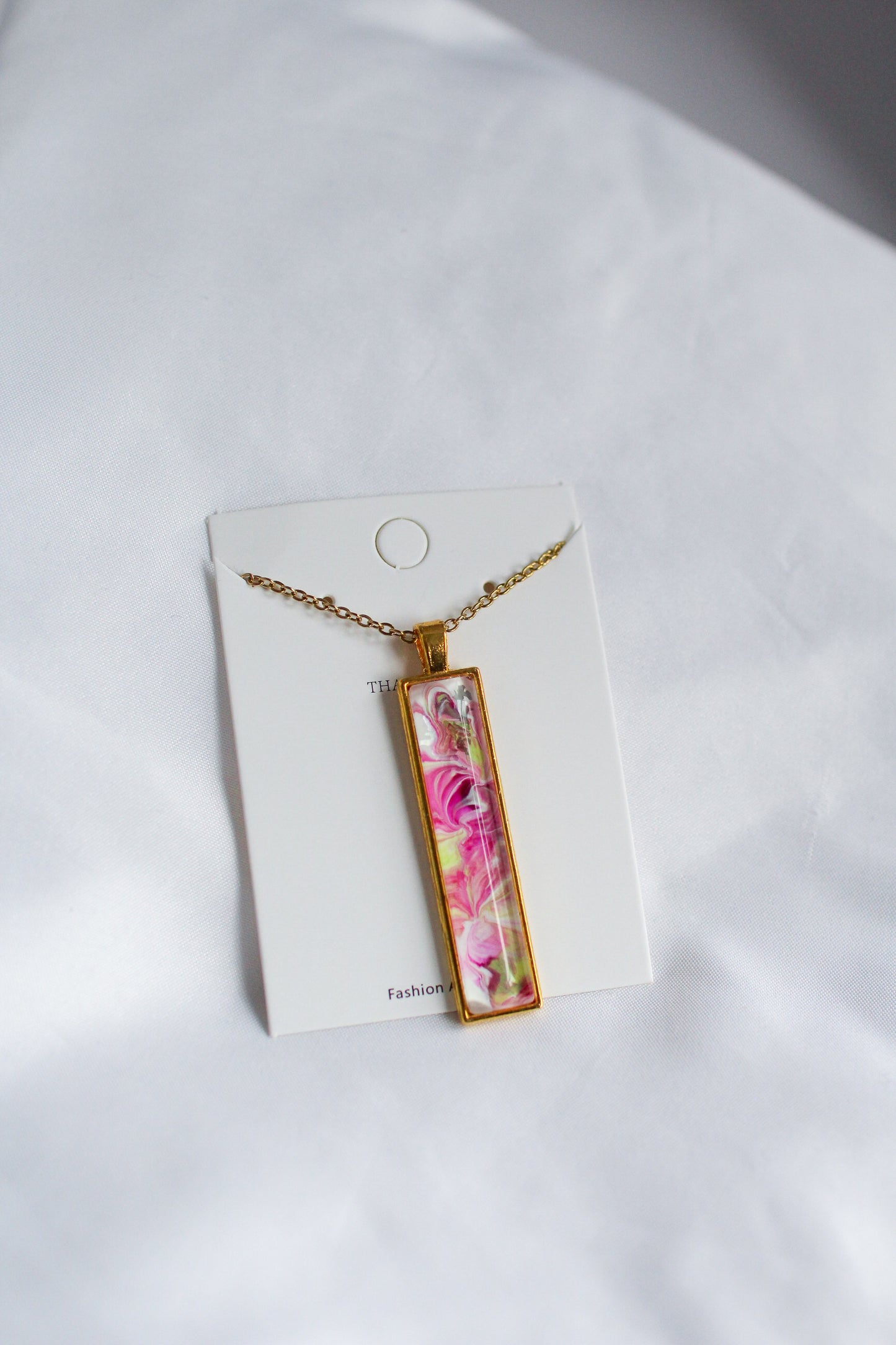 Pink, Green + Gold Rectangle Pendant Necklace