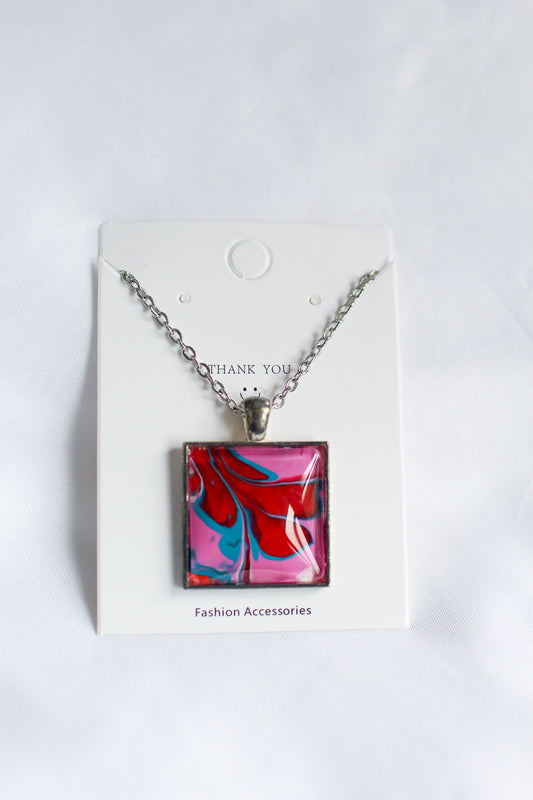 Pink, Red + Blue Square Pendant Necklace