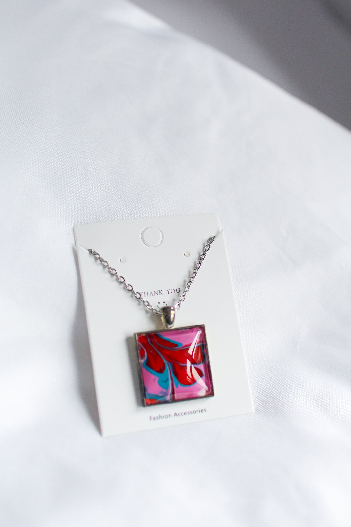 Pink, Red + Blue Square Pendant Necklace