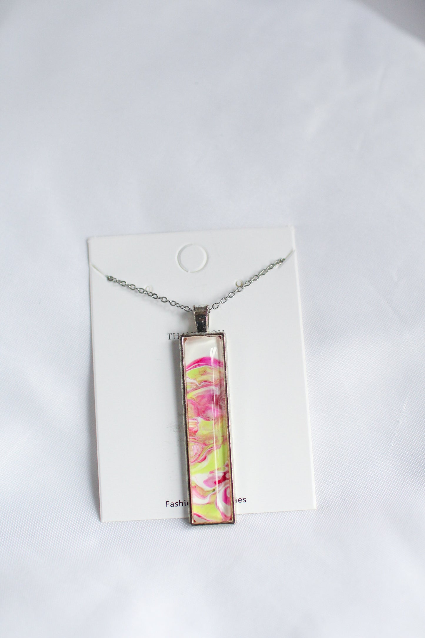 Pink, Green + Silver Rectangle Pendant Necklace