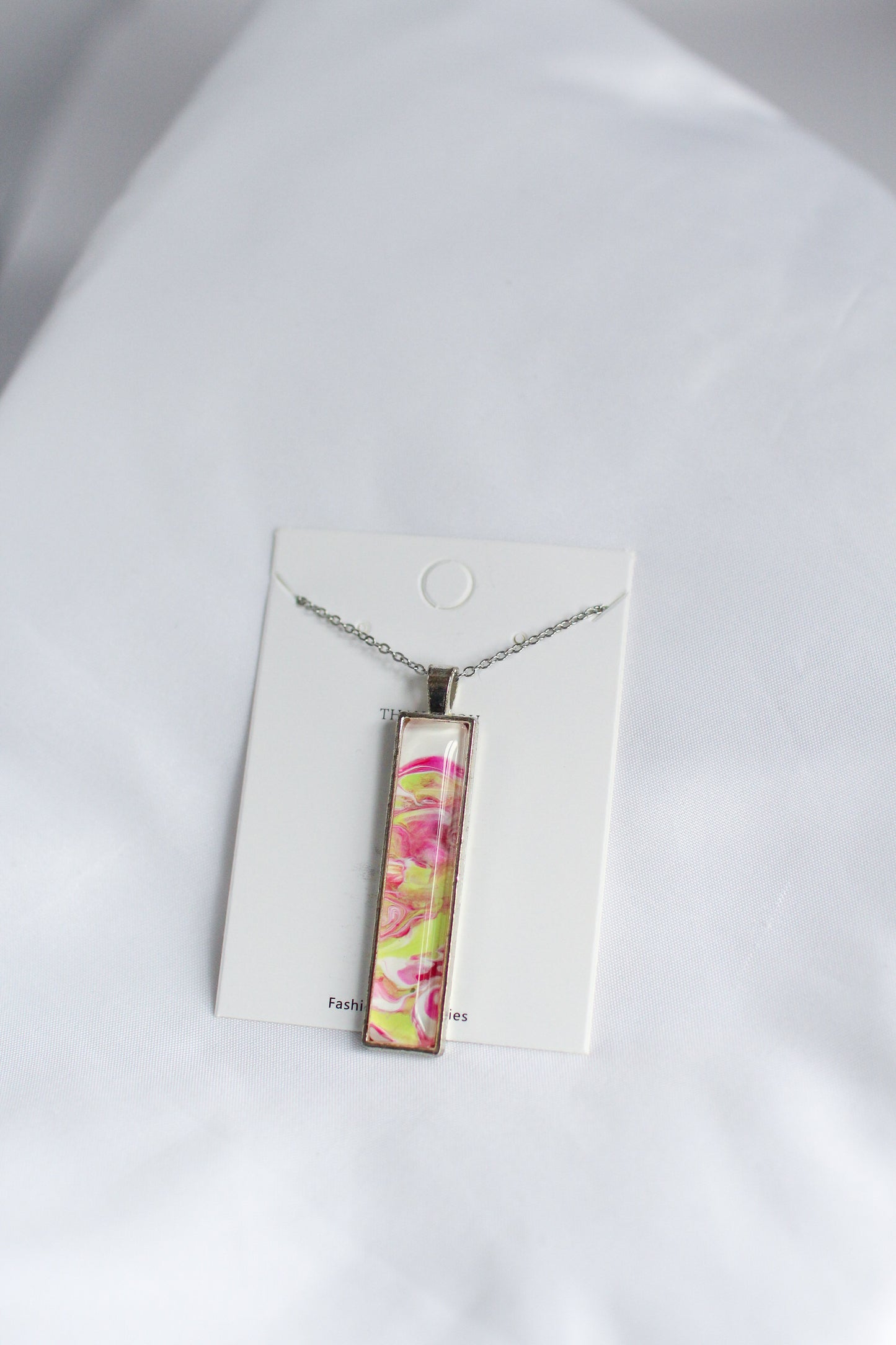 Pink, Green + Silver Rectangle Pendant Necklace