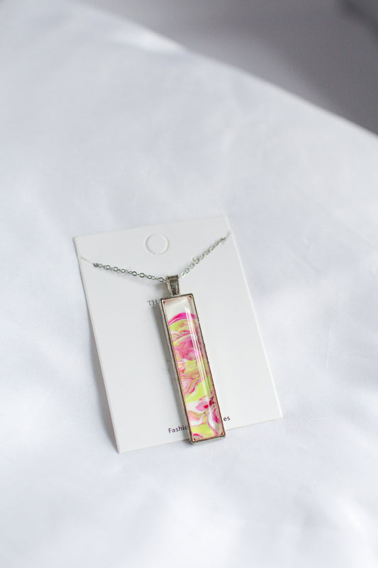 Pink, Green + Silver Rectangle Pendant Necklace