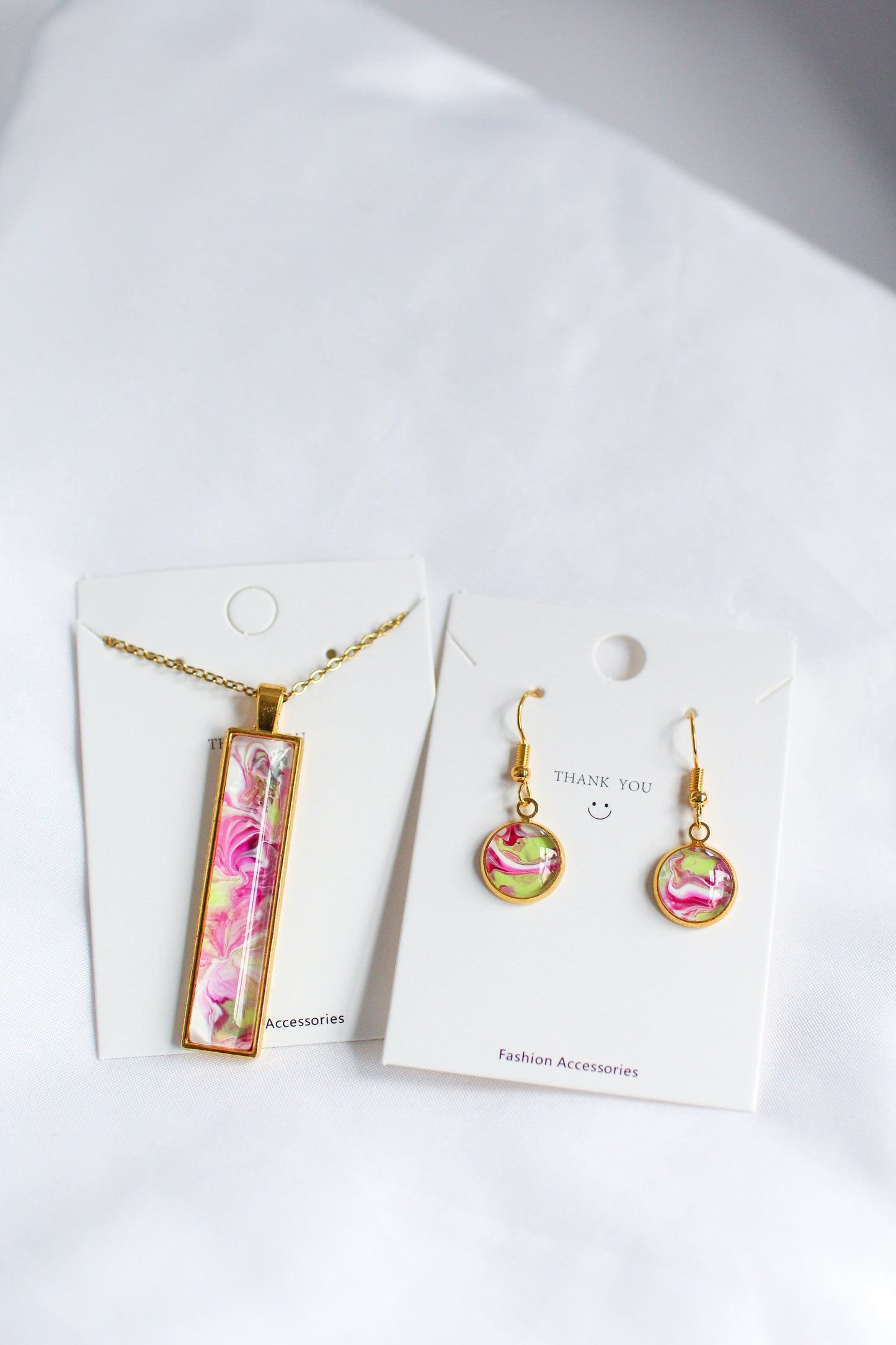 Pink, Green & Gold Necklace + Earring Set
