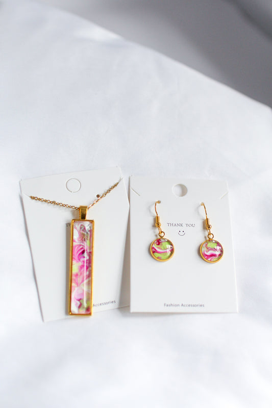 Pink, Green & Gold Necklace + Earring Set