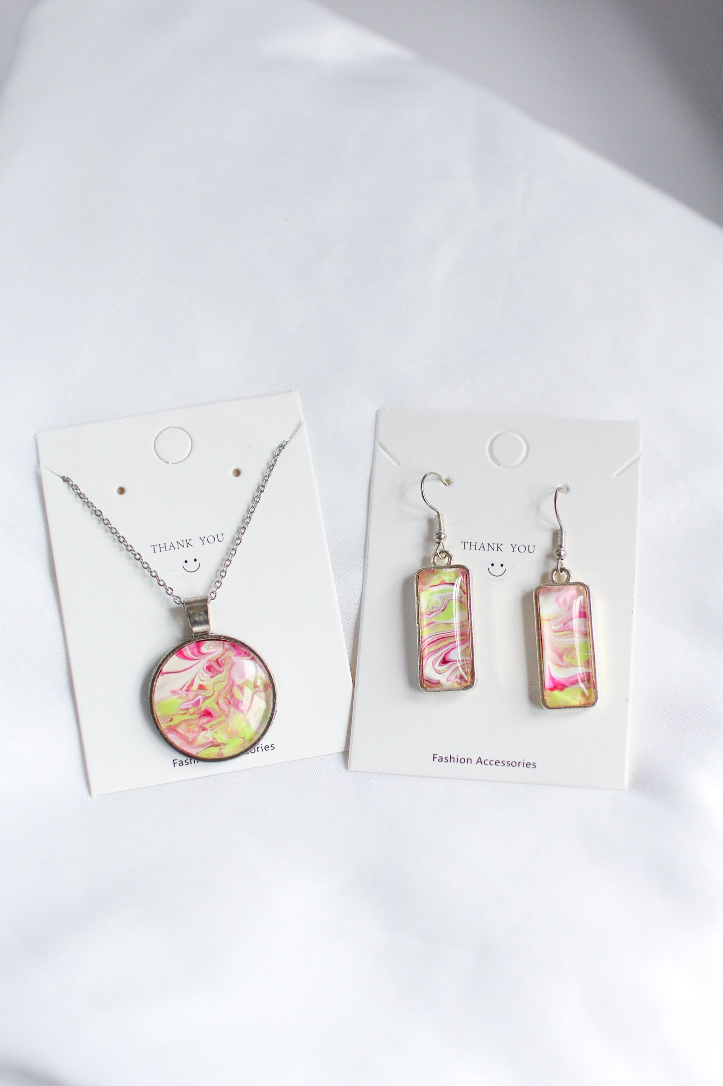 Pink, Green & Silver Necklace + Earring Set
