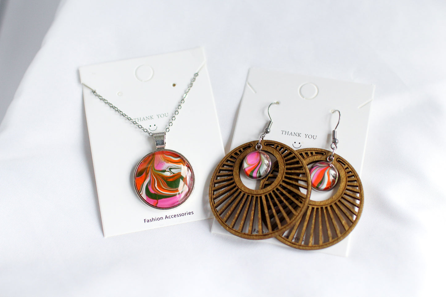 Orange, Pink & Green Necklace + Earring Set