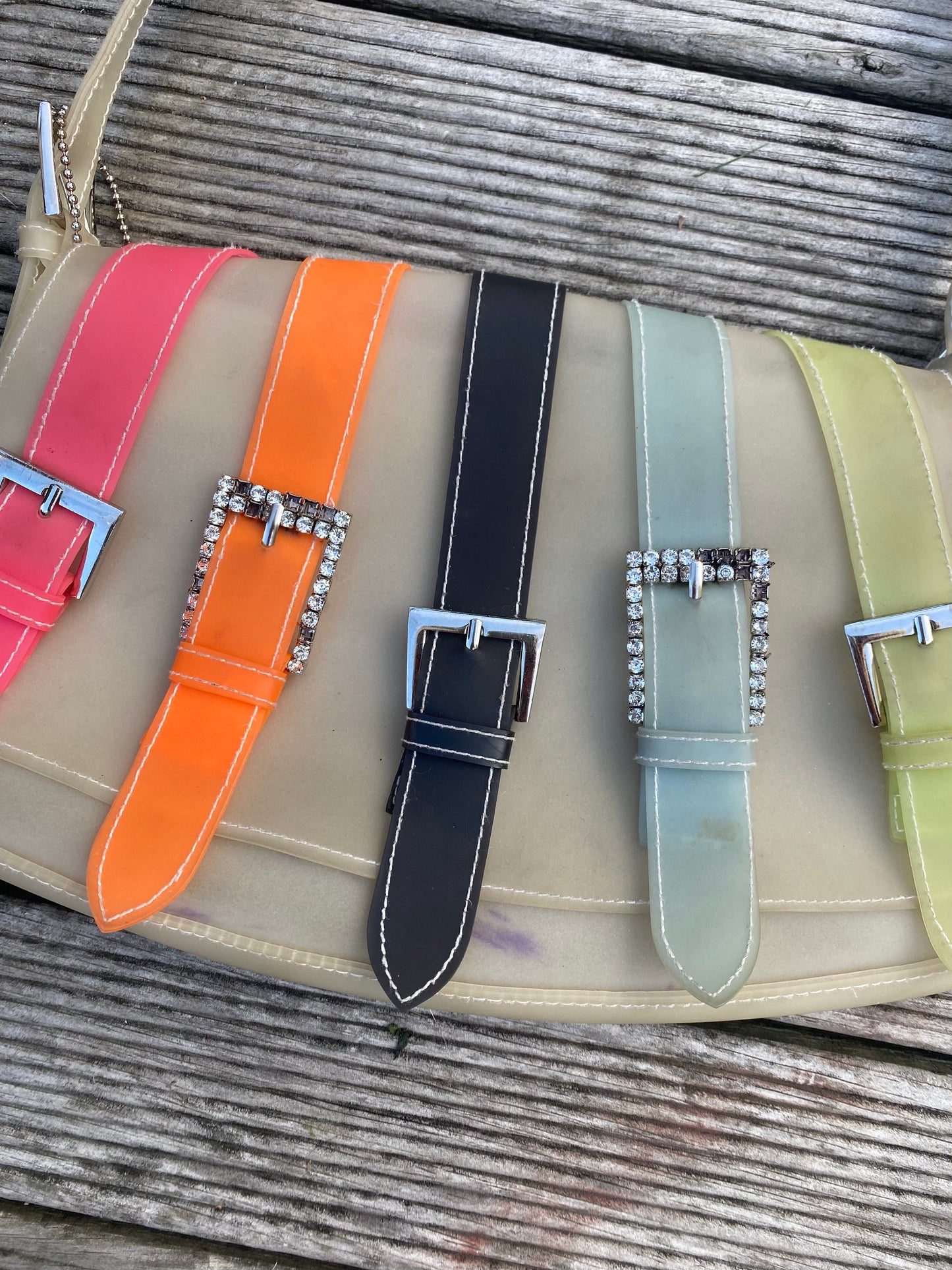 Funky Cream and multi-color belt shoulder bag