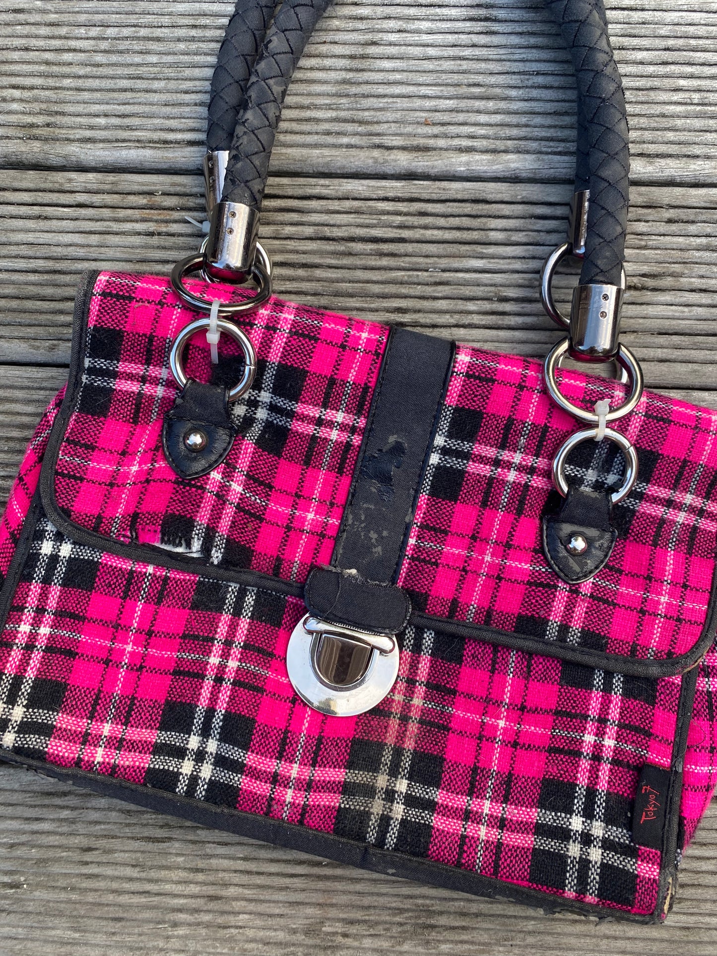Coolest Pink plaid shoulder bag with black accents