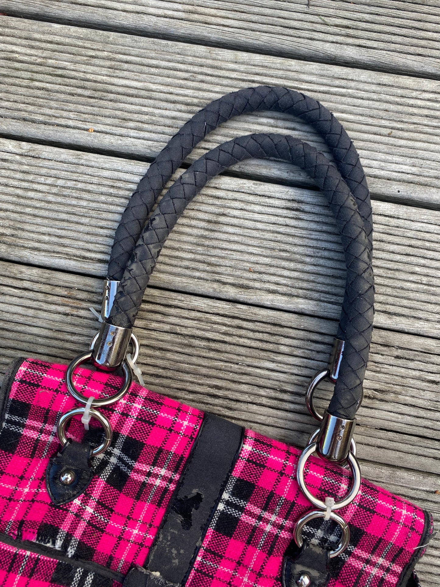 Coolest Pink plaid shoulder bag with black accents