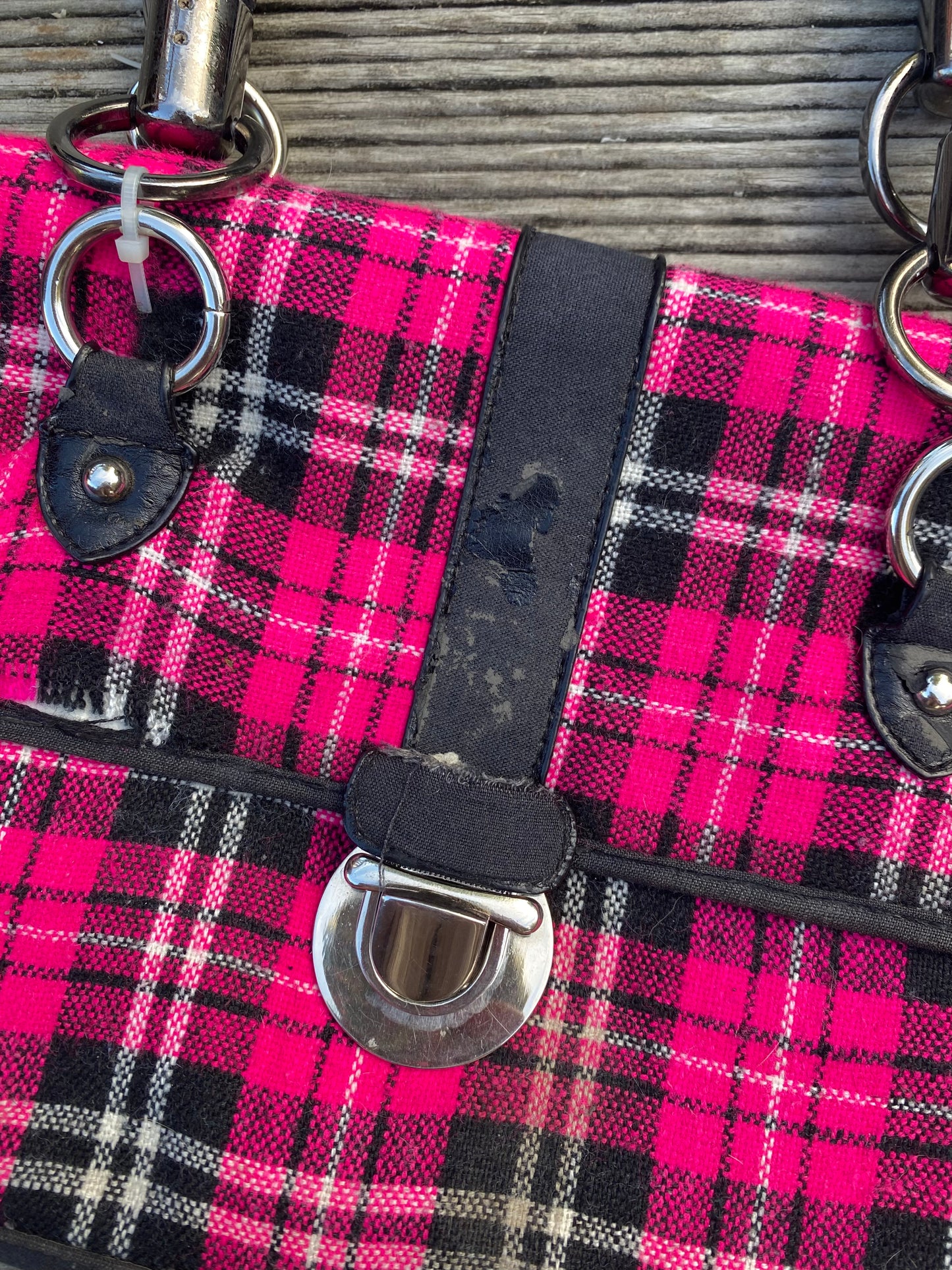 Coolest Pink plaid shoulder bag with black accents