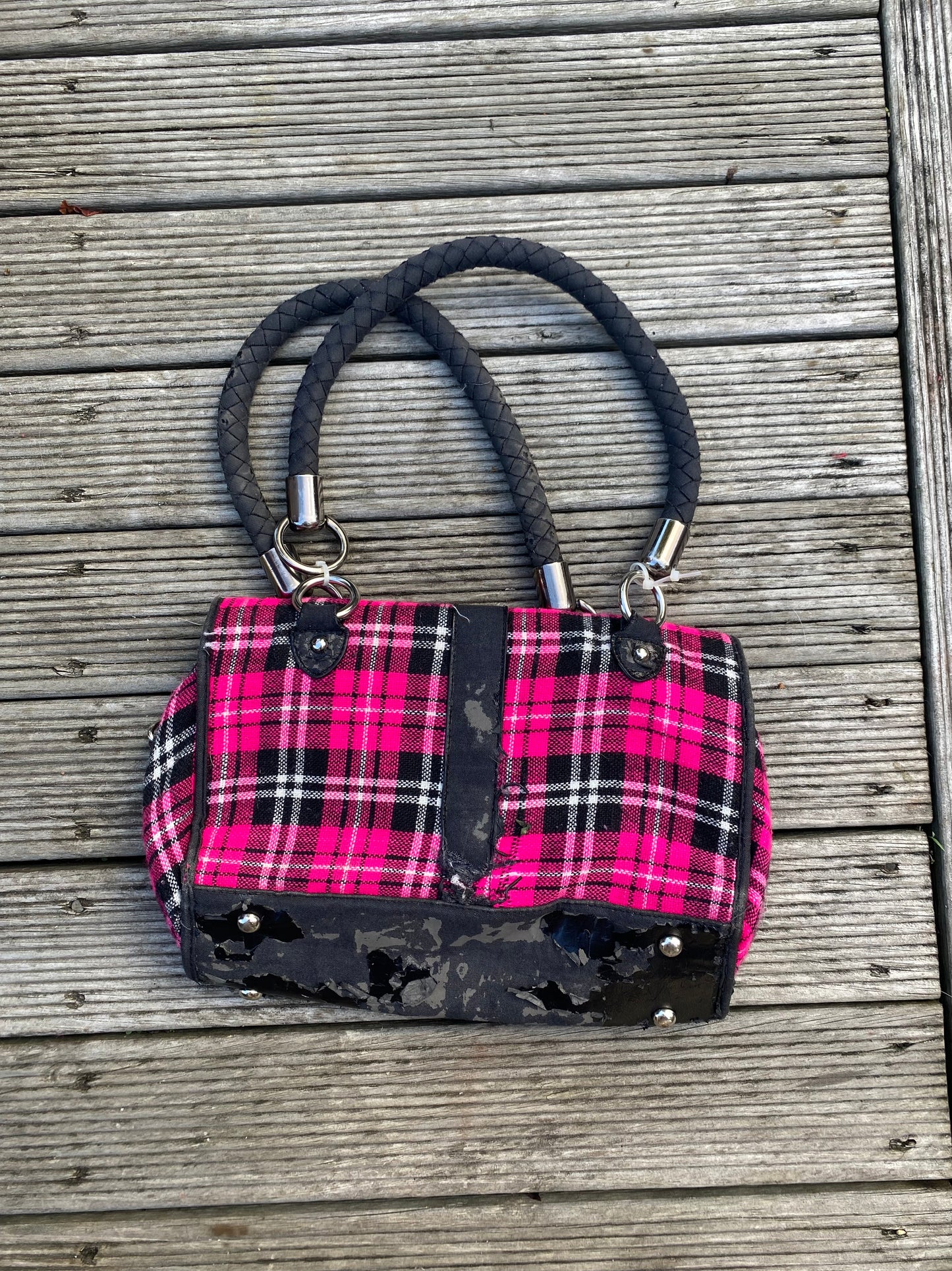 Coolest Pink plaid shoulder bag with black accents